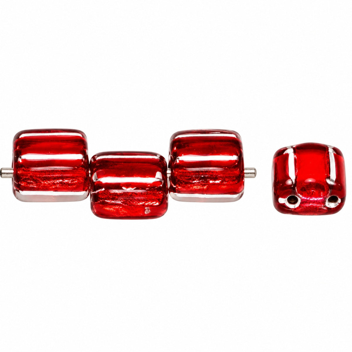 2-Hole Square Beads, Ruby Red Silver Lined (90080-81800), Glass, Czech Republic