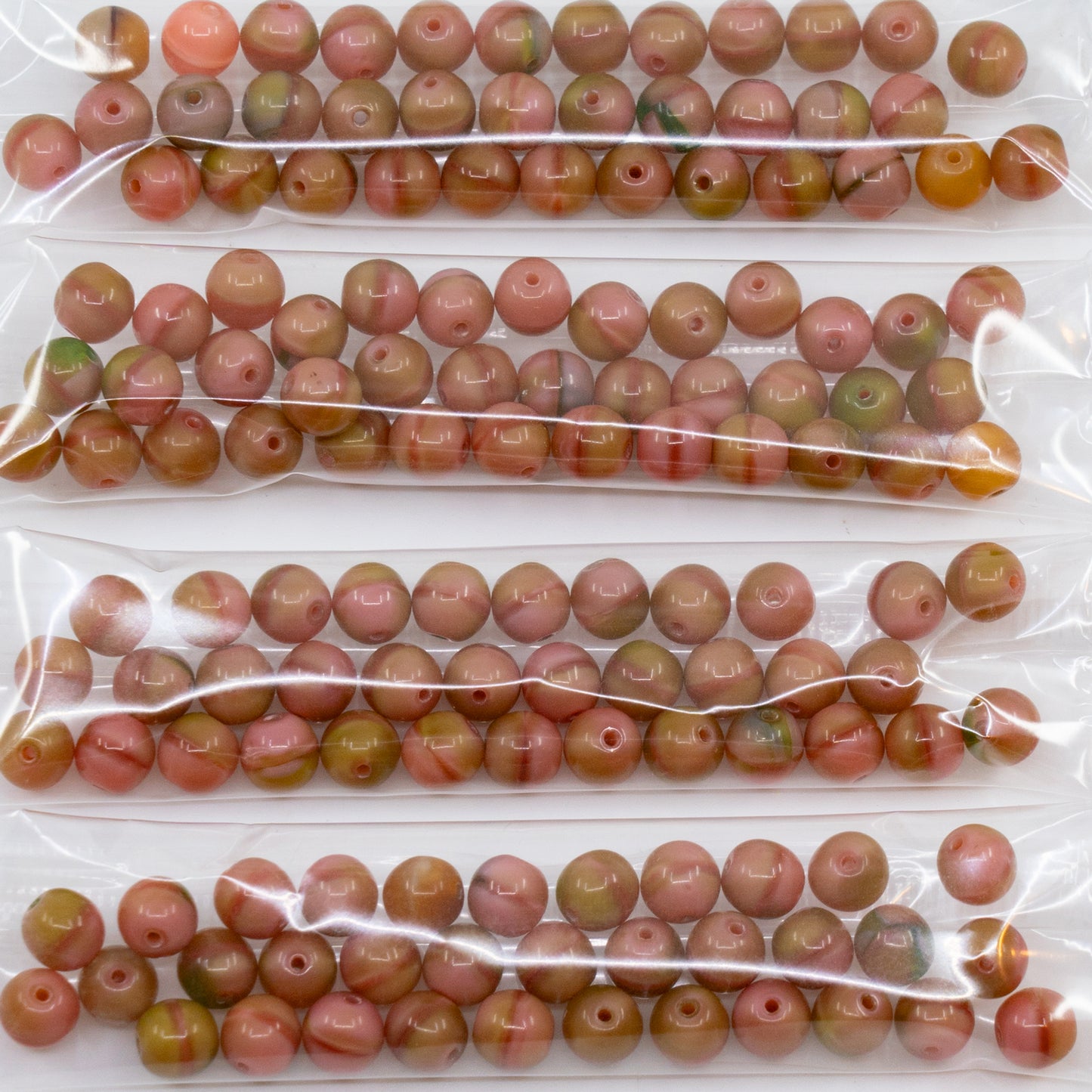 OUTLET 10 grams Round Druck Beads, 6 x 6 mm, Pink Green Mixed Colors (pink-green-mix), Glass, Czech Republic