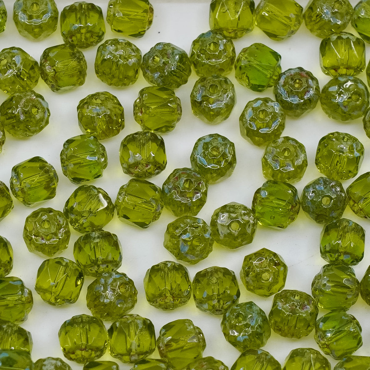 OUTLET 250g/50g Cathedral Faceted Fire Polished Beads, 6 x 6 mm, Transparent Green 36800 (50230-36800), Glass, Czech Republic