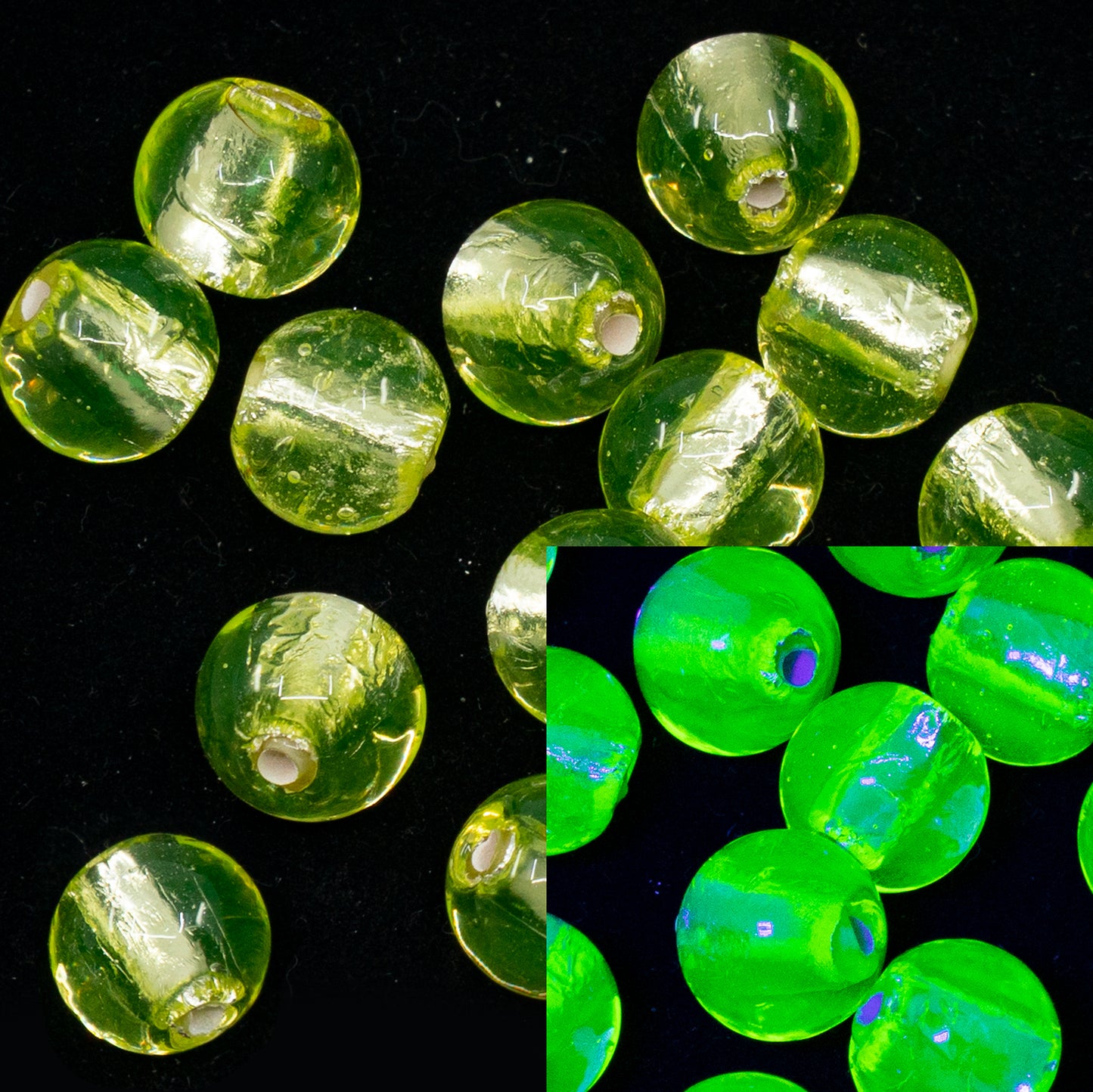 OUTLET 1 pcs Lampwork Round Beads, 10 x 10 mm, Silver Foli Based Transparent Yellow (stribrak-80130) - VERY INTENSE GLOW under UV, Glass, Czech Republic