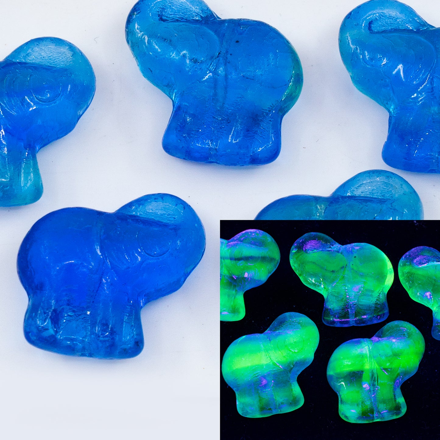 OUTLET 10 grams Elephant Beads, 20 x 21 mm, Blue Green Uranium (87311), Glass, Czech Republic
