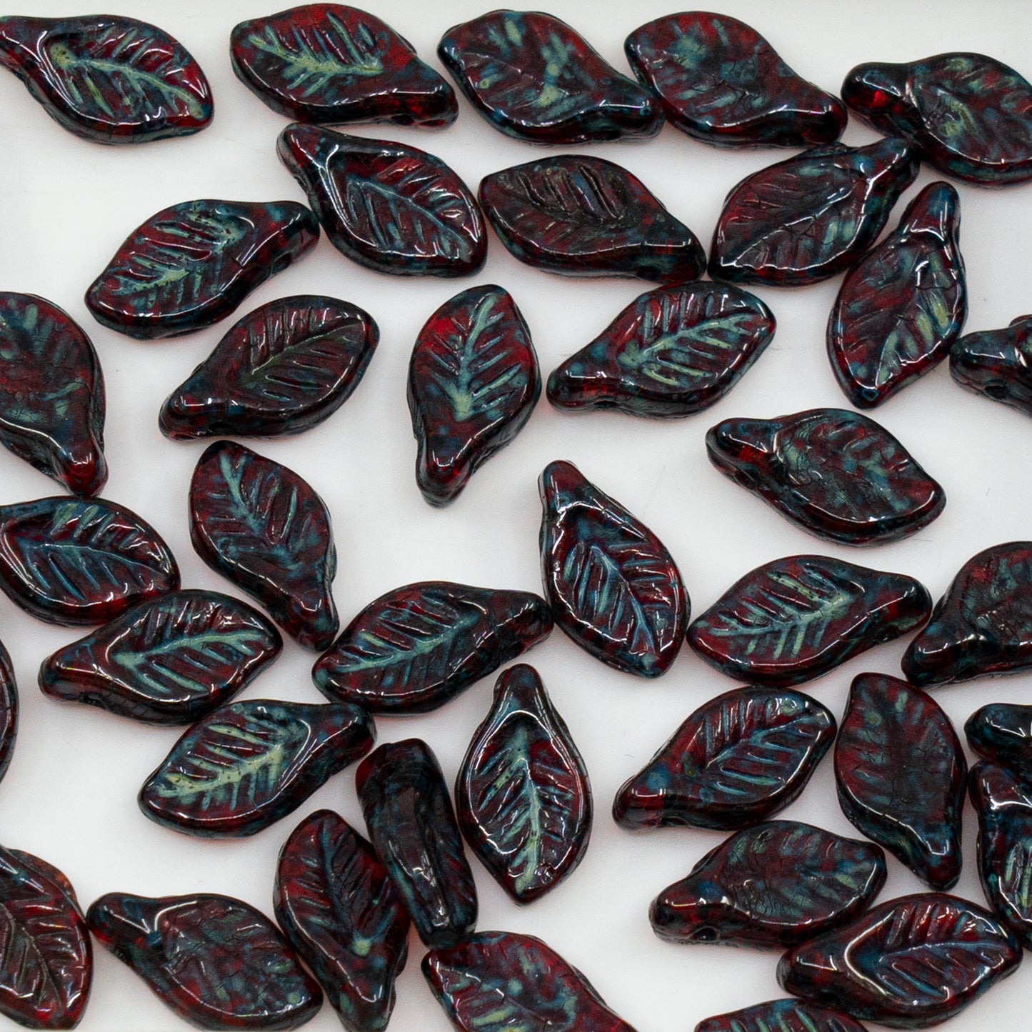 OUTLET 250g/50g Bay Leaf Beads, 6 x 12 mm, Ruby Red Travertin (90080-86800), Glass, Czech Republic
