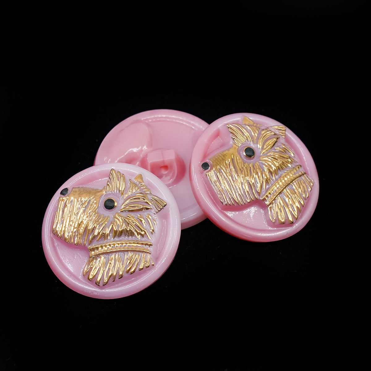 OUTLET 1 pcs Pressed Beads, s10 x mm, Pink with Gold Terrier (), Glass, Czech Republic