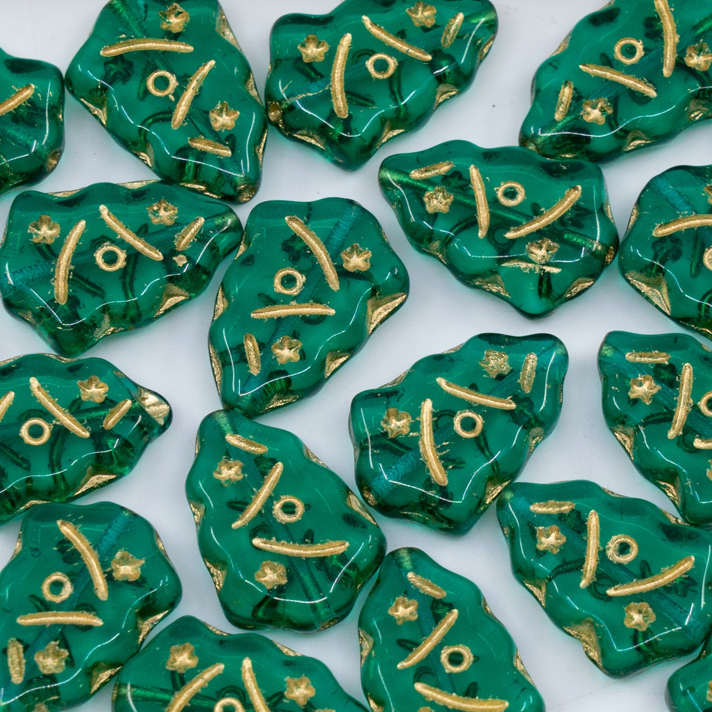 OUTLET 250g/50g Christmas Tree Beads, 17 x 12 mm, Transparent Green Emerald Gold Lined (50720-54302), Glass, Czech Republic