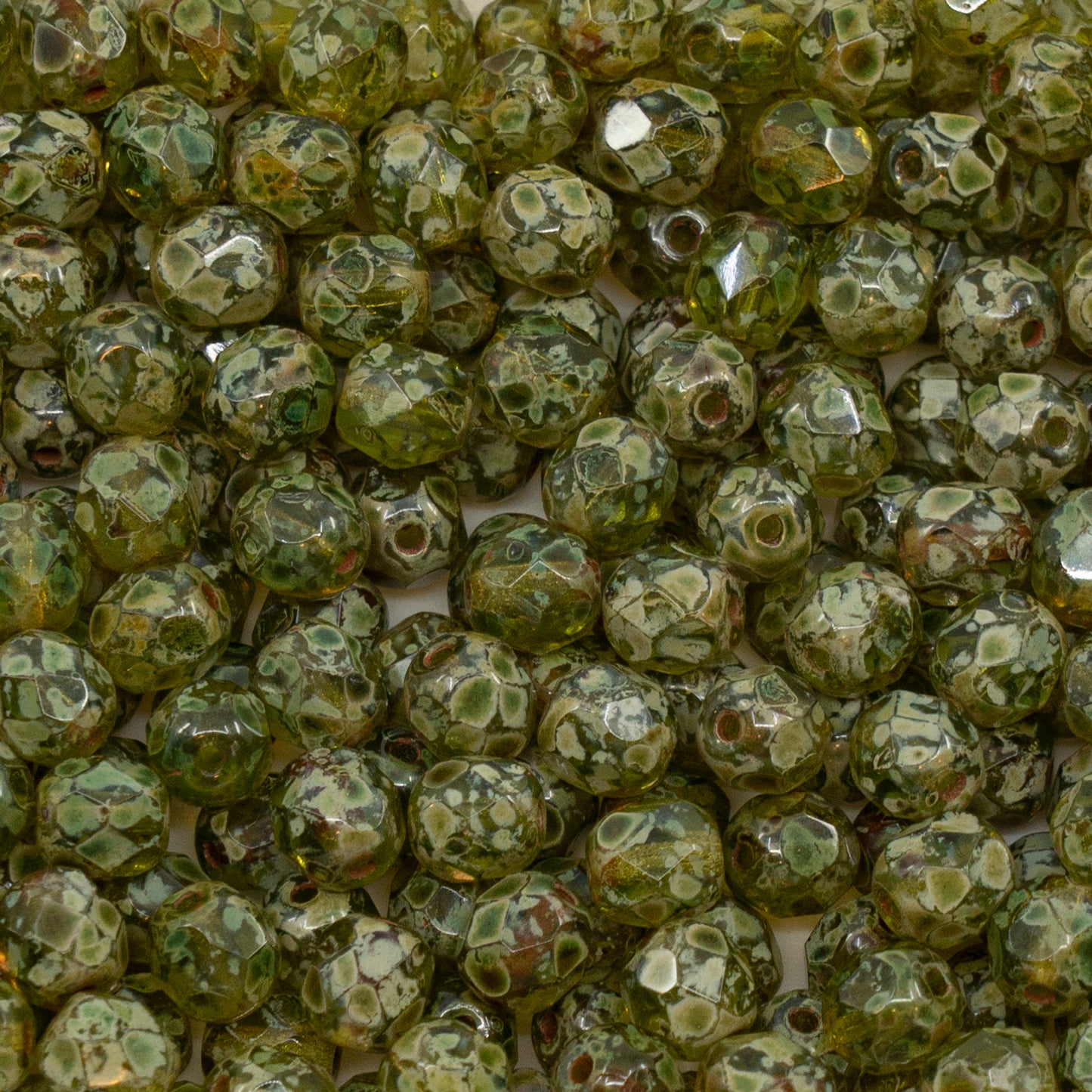 アウトレット(125g/250g)ファセットラウンドファイアポリッシュビーズ、透明グリーントラバーチン(50230-86800)、ガラス、チェコ共和国