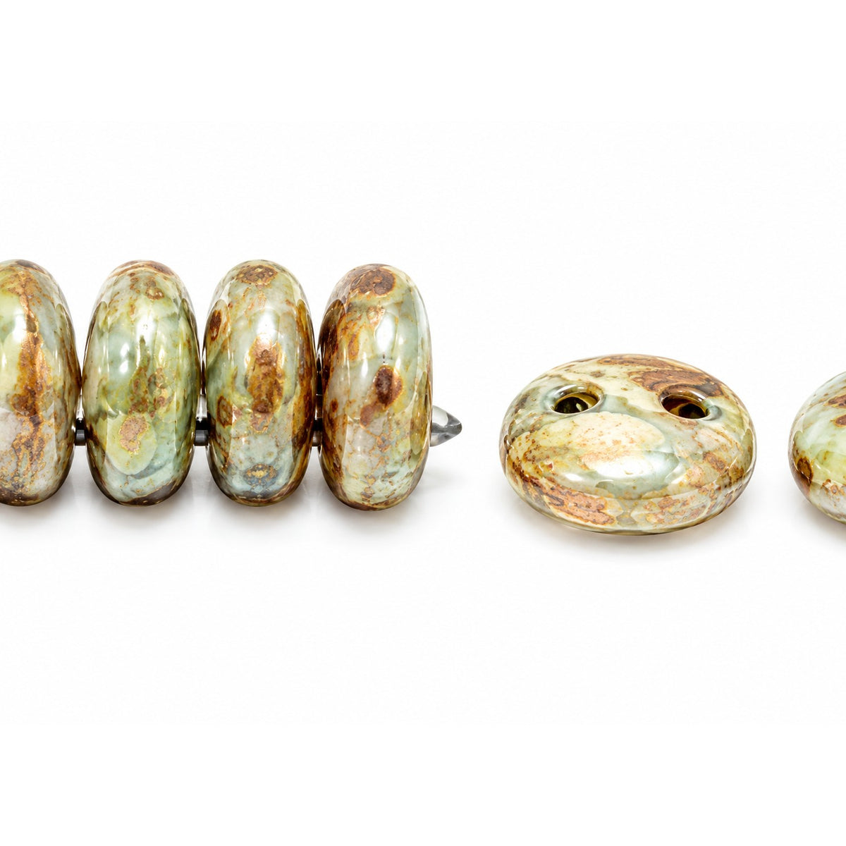 Donuts And Discs 2-Hole Pressed Beads, White Senegal Green (2010-15657), Glass, Czech Republic