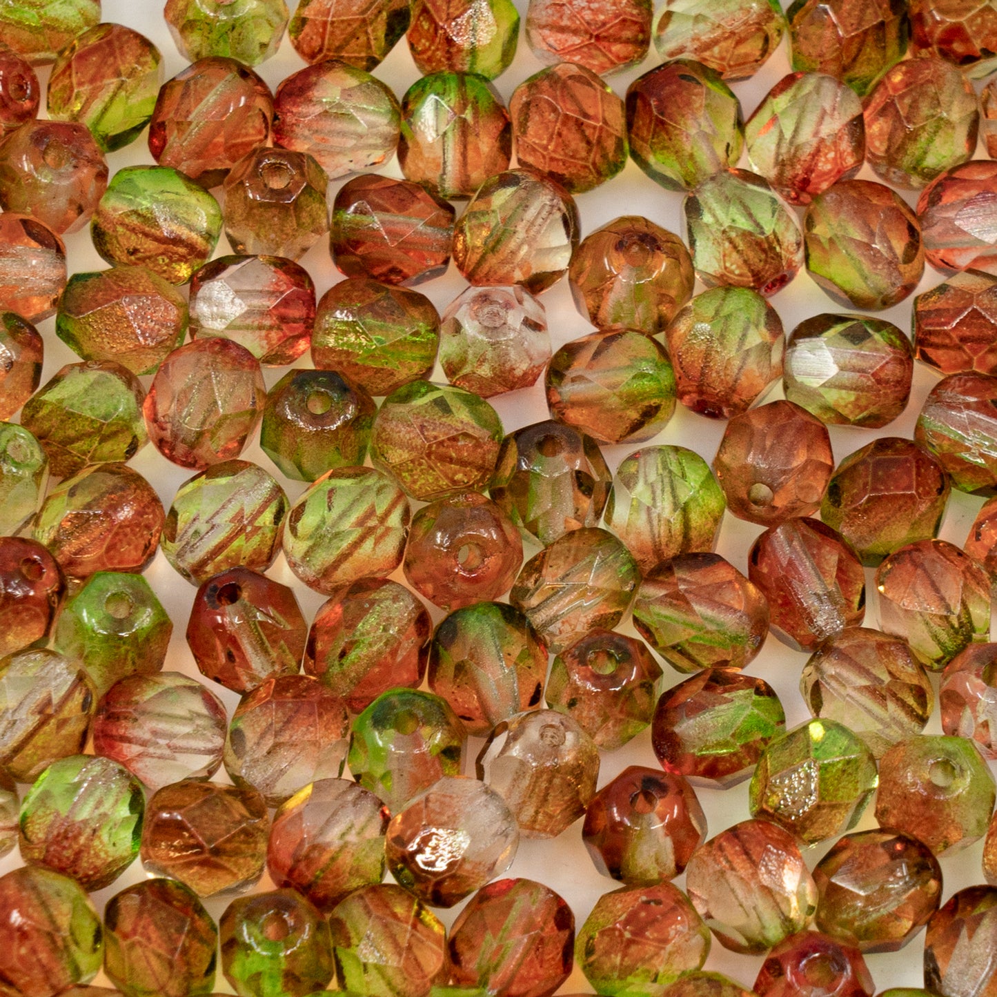 OUTLET 10 克刻面圆形火抛光珠,6 x 6 毫米,橙绿色水晶(00030-橙绿色),玻璃,捷克共和国