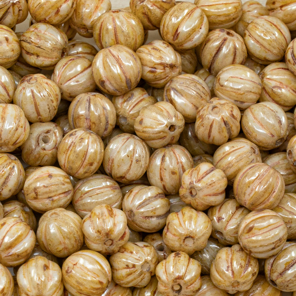 OUTLET 250g Melon Beads, 8 x 8 mm, White Stain With Luster Amber B (02010-65401-B), Glass, Czech Republic