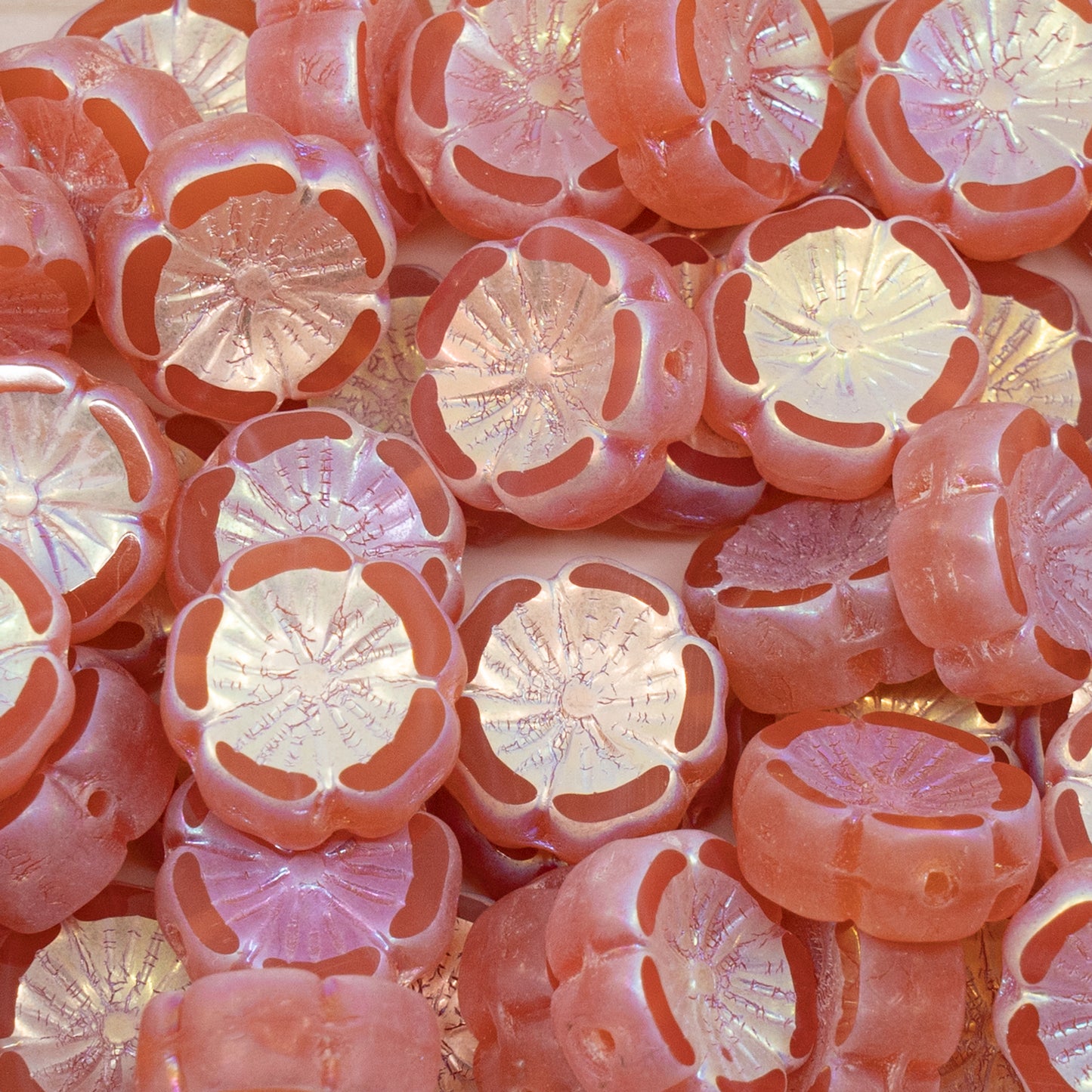 OUTLET 250g/50g Table Cut Hawaii Flower Beads, 14 x 14 mm, Opal Pink Ab Full (2X Side) (71010-28703), Glass, Czech Republic