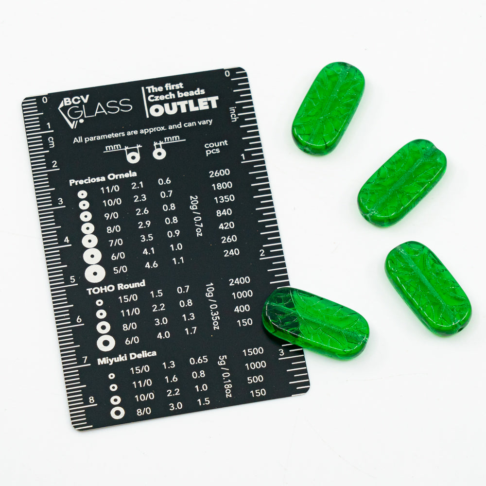 アウトレット 10グラム 長方形 飾り付き プレスガラスビーズ 18 x 9 mm エメラルドグリーン (50120) ガラス チェコ共和国