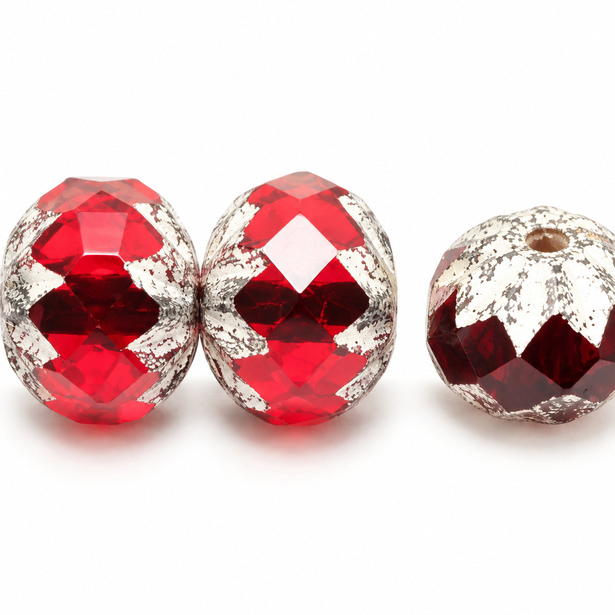 Special Cut Faceted Fire Polished Beads, Transparent Red Antique Silver Patina (90090-81002), Glass, Czech Republic