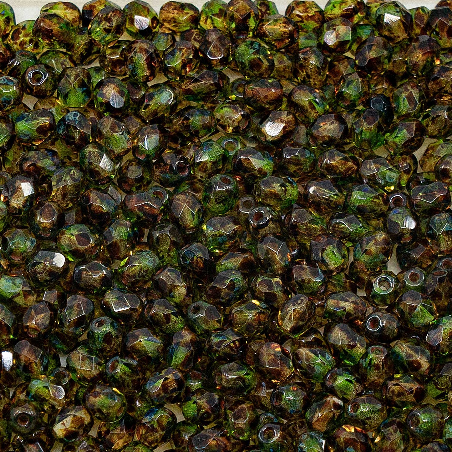 アウトレット ファセットラウンドファイアポリッシュビーズ、4 x 4 mm、ストライプグリーントラバーチン(50051-86800)、ガラス、チェコ共和国