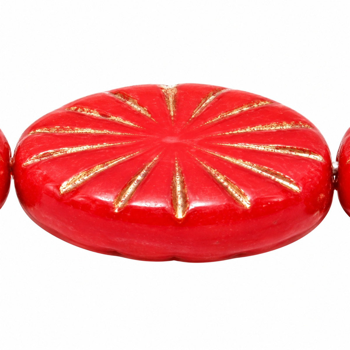 Flat Oval Pressed Glass Beads With Rays, Opaque Red Copper Lined (93200-54319), Glass, Czech Republic
