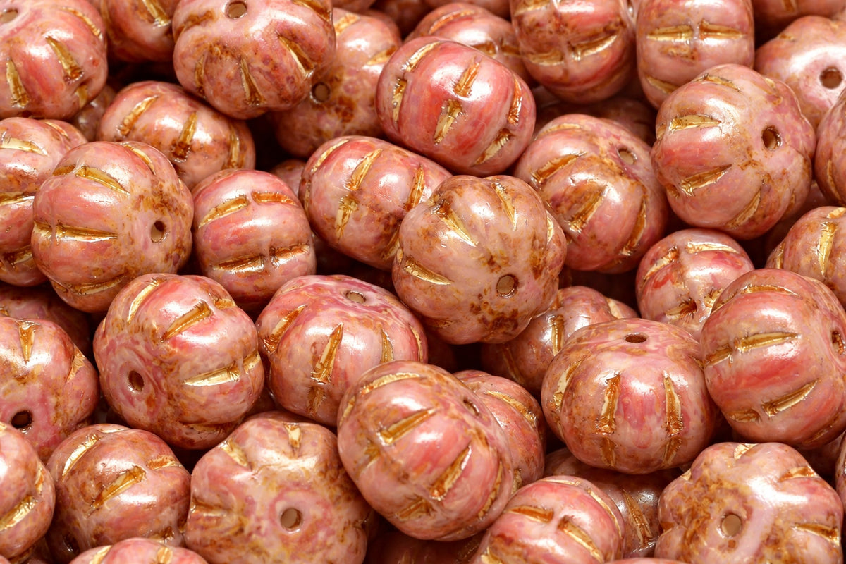 Pumpkin Beads, White Red Travertin Gold Lined (R2932-86800-54302), Glass, Czech Republic