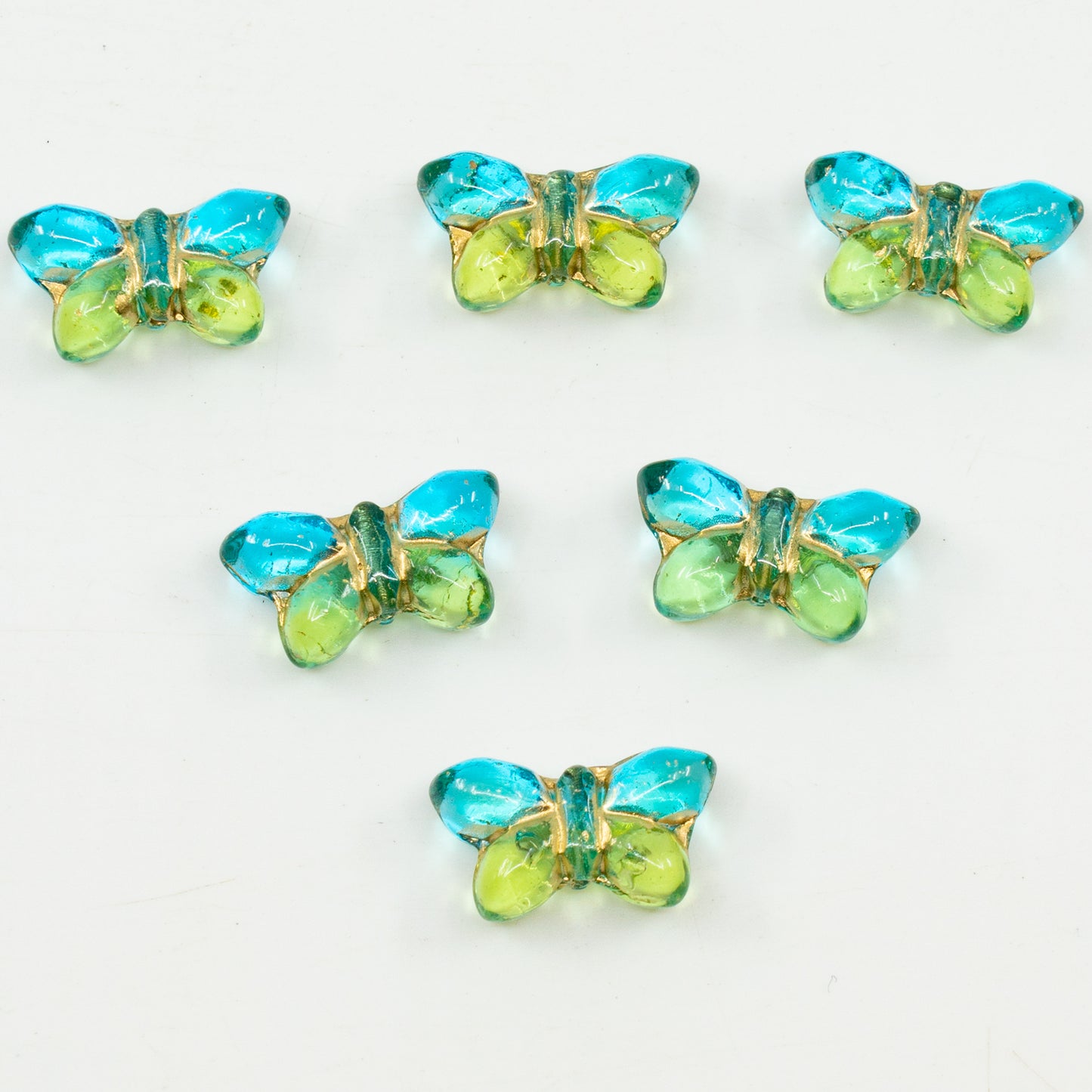 OUTLET 10 grams Pressed Butterfly Beads, 20 x 11 mm, Blue Green Gold Lined, Glass, Czech Republic