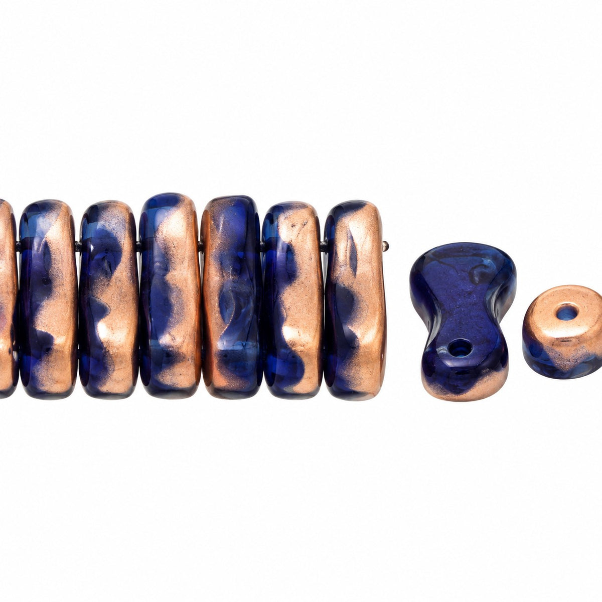 2-Hole Pressed Beads, Transparent Blue Matte Rose Gold Capri (30080-84110-27101), Glass, Czech Republic