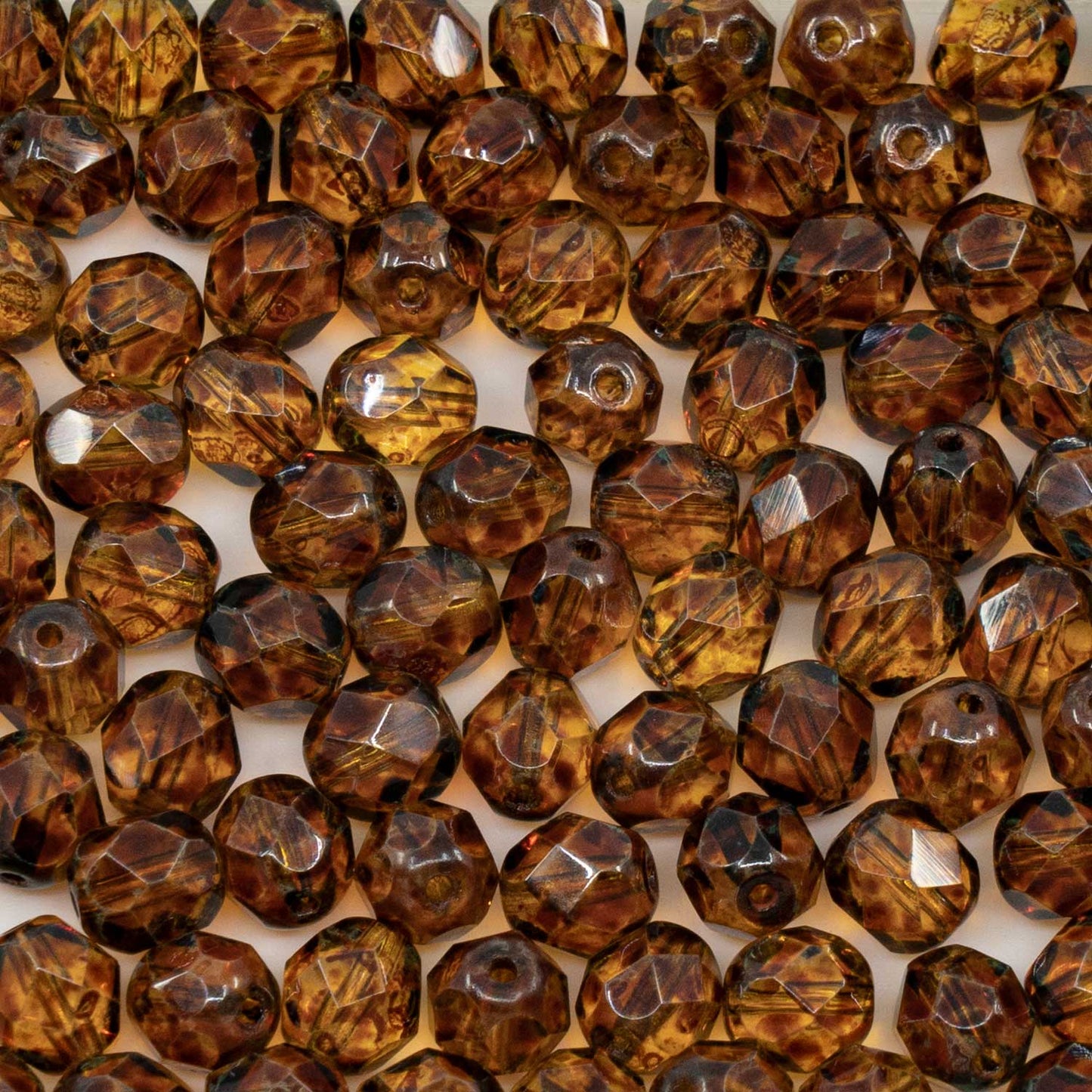 アウトレット 250g ファセット加工 ファイアポリッシュ ラウンドビーズ 7 x 7 mm クリスタルトラバーチン ストロング (00030-86805) ガラス チェコ共和国