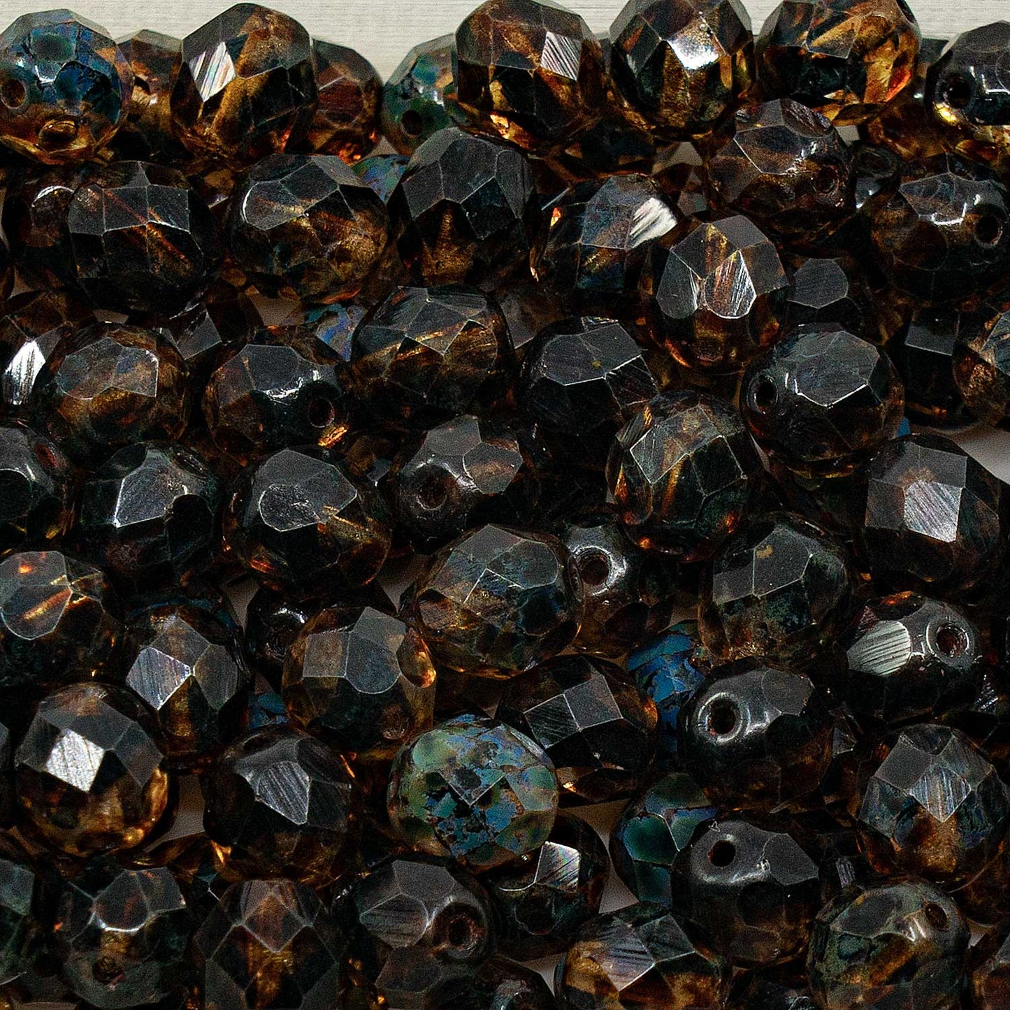 アウトレット ファセットラウンドファイアポリッシュビーズ、8 x 8 mm、8996 Travertin (08996-86800)、ガラス、チェコ共和国