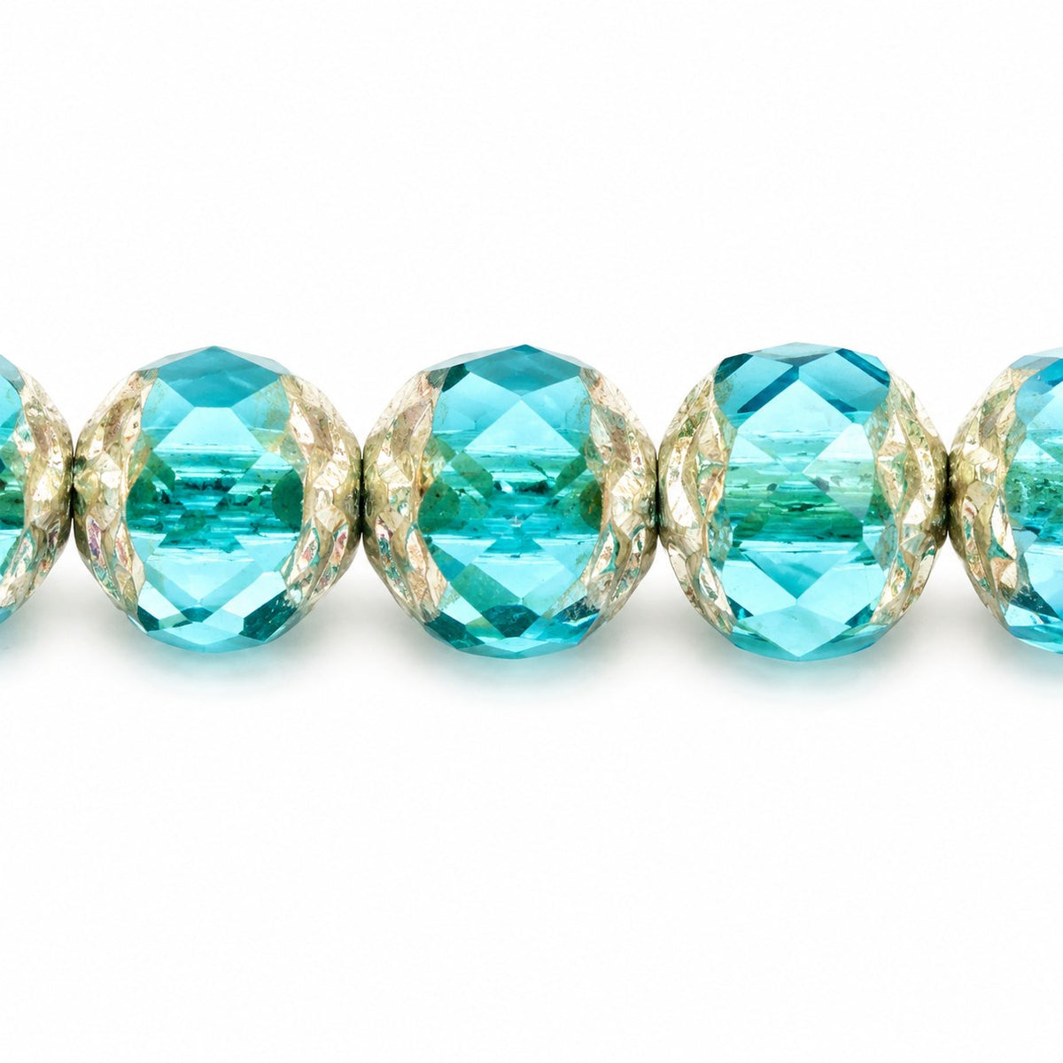 Faceted Fire Polished Beads Special Cut, Transparent Aqua Antique Silver Patina (60020-81002), Glass, Czech Republic