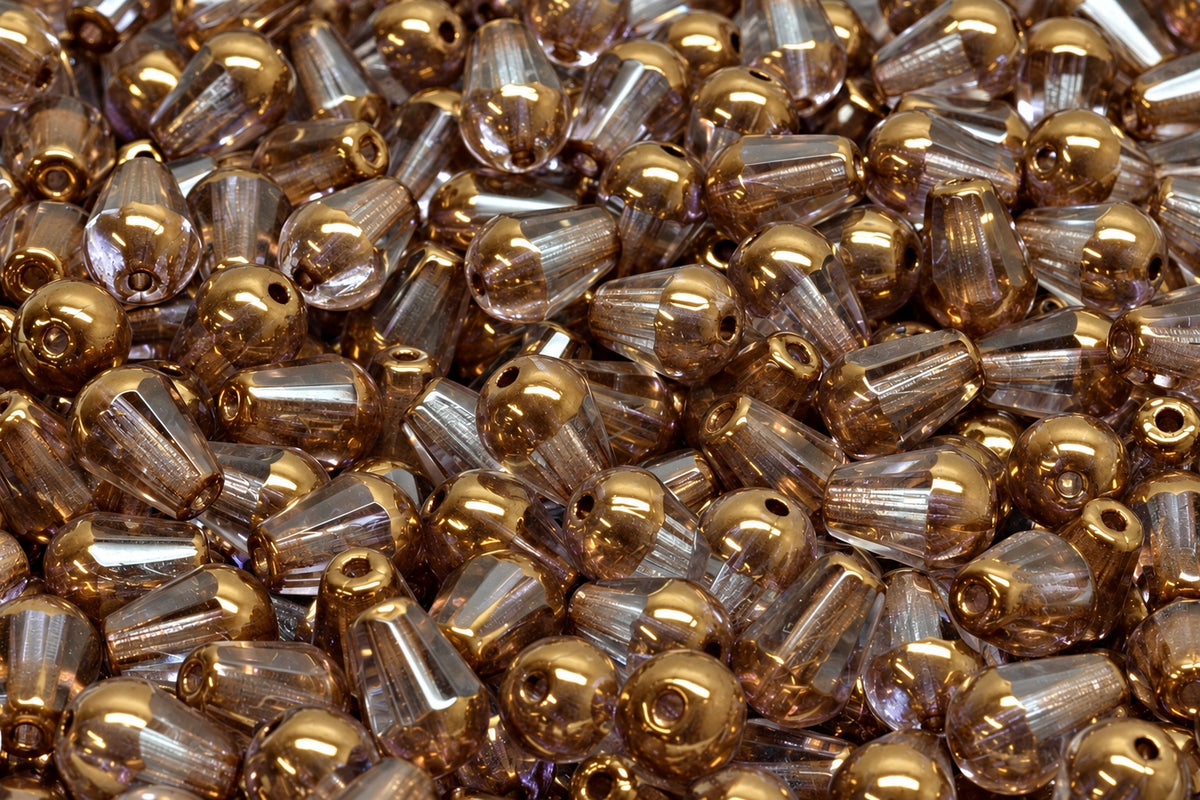 Faceted Fire Polished Teardrop Beads, Crystal Brass (00030-90215), Glass, Czech Republic