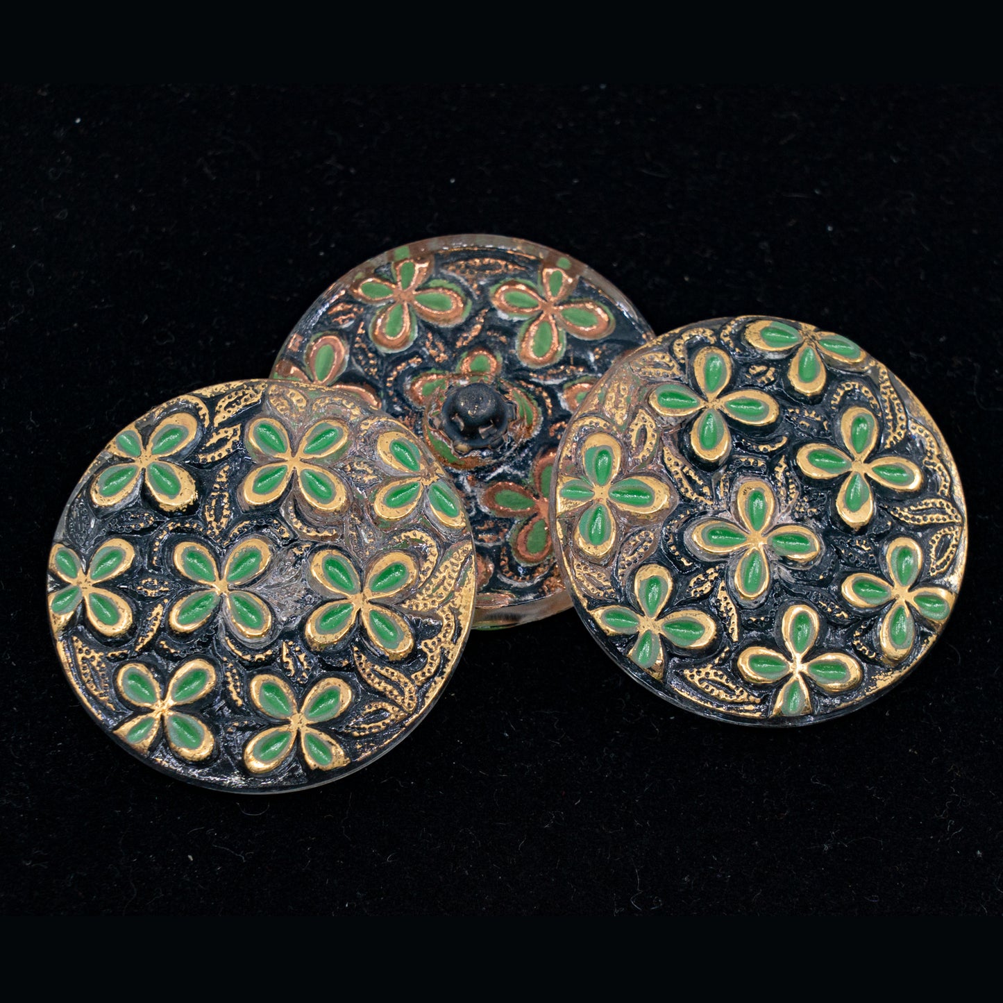 OUTLET 1 pcs Czech Glass Handmade Button, s14 x 32 mm, Flowers Green Gold (flowers-green-gold), Glass, Czech Republic