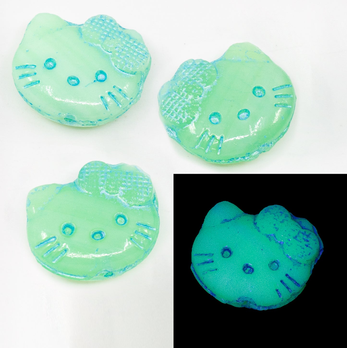 OUTLET 10 grams Hello Kitty Beads, 19 x 18 mm, Opal Green Light Blue Lined (52010-54308), Glass, Czech Republic