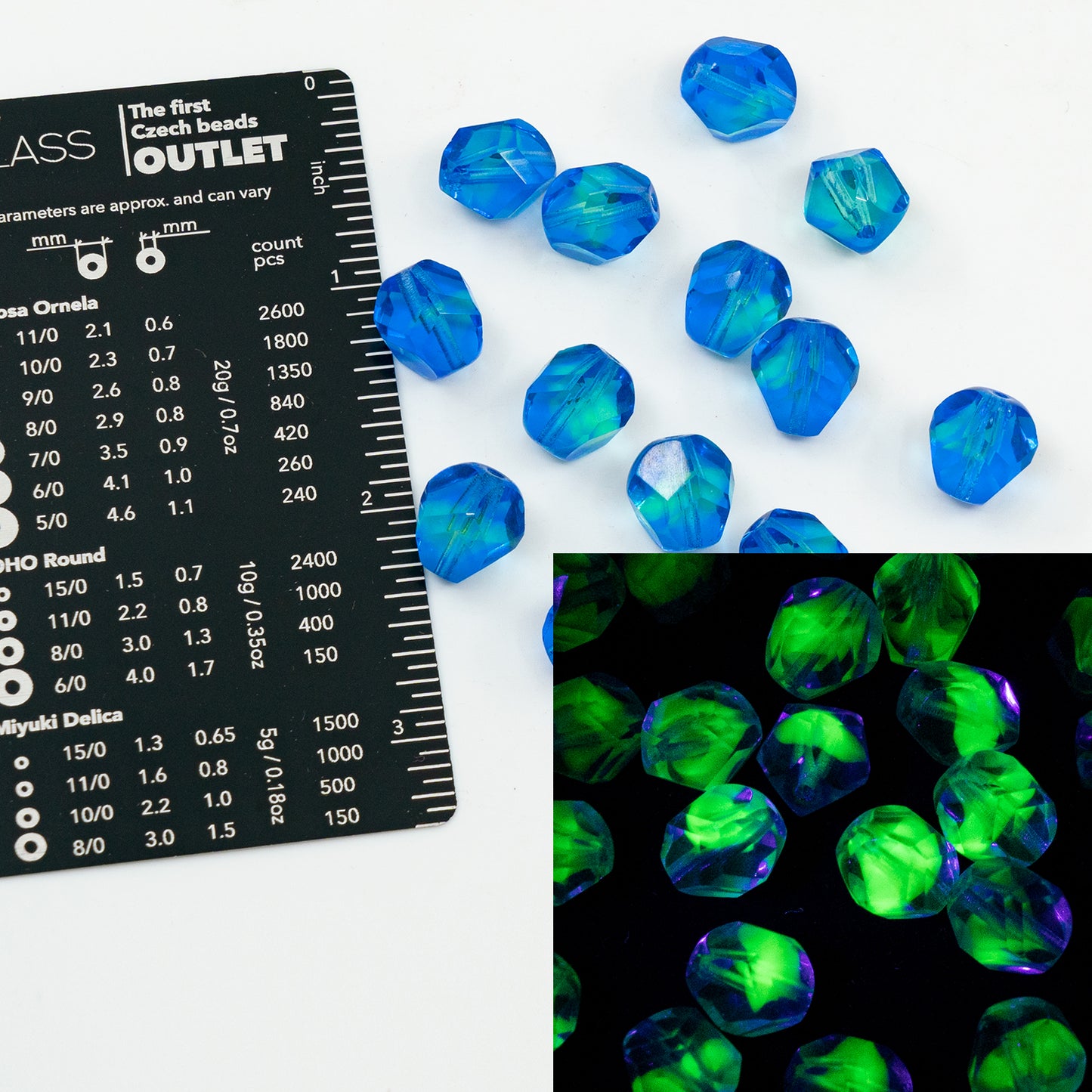 OUTLET 250g Faceted Round Fire Polished Beads, 12 x 10 mm, Blue Green Uranium (57301), Glass, Czech Republic