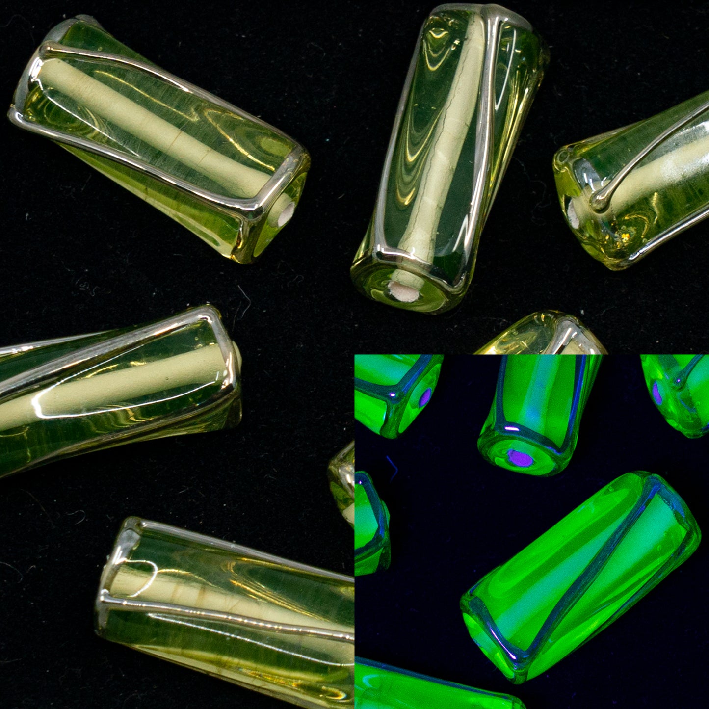 OUTLET 1 pcs Lampwork Twisted Brick Beads, 22 x 8 mm, Twisted Transparent Yellow Steel (00587-80130-s), Glass, Czech Republic