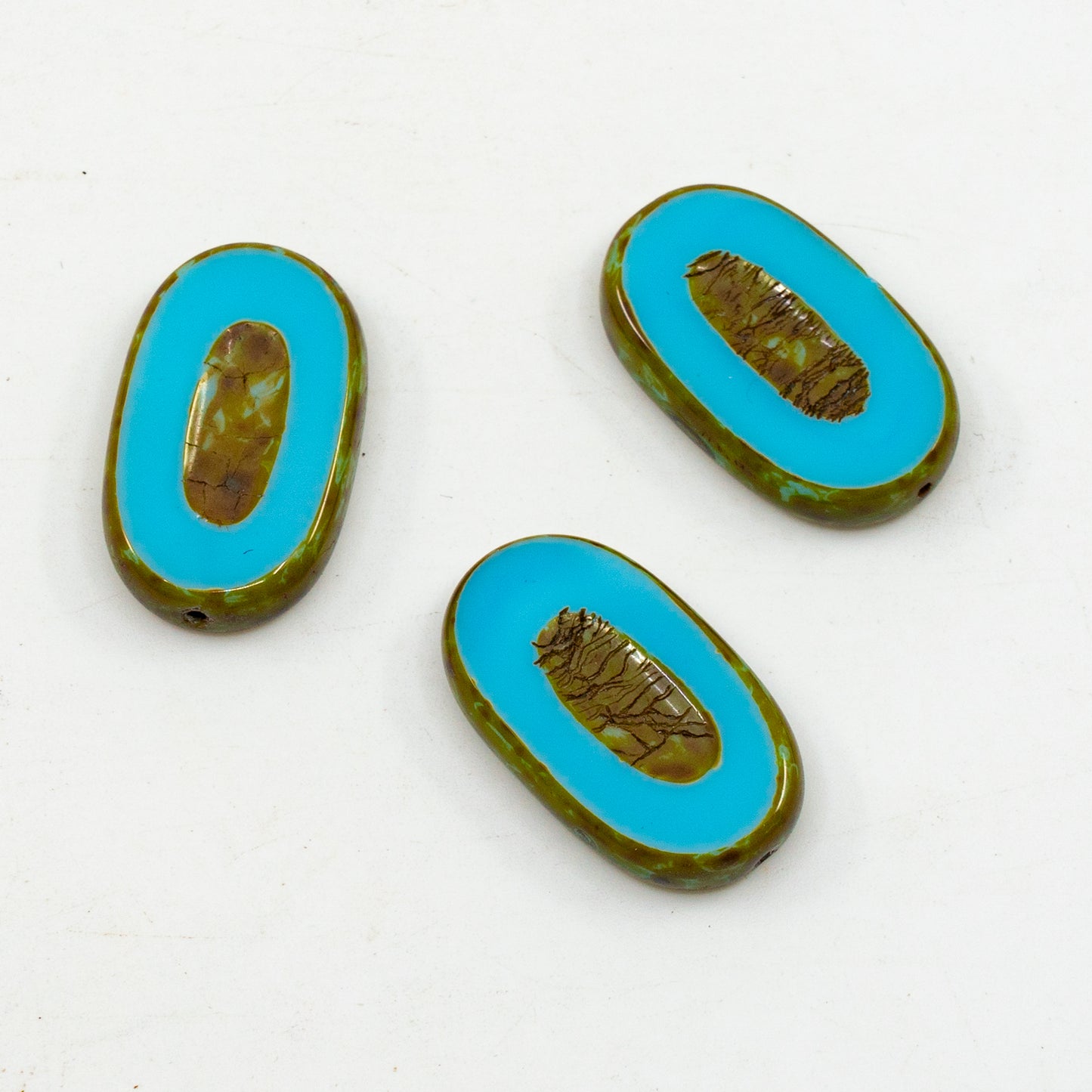 アウトレット 10グラム テーブルカットフラットオーバルビーズ、26 x 15 mm、ブルートラバーチン(63020-86800)、ガラス、チェコ共和国