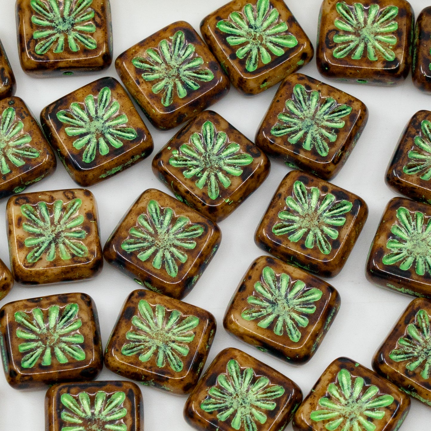 OUTLET 250g/50g Squared Kiwi Beads, 10 x 10 mm, Beige Travertin Green (13020-86800-43813), Glass, Czech Republic