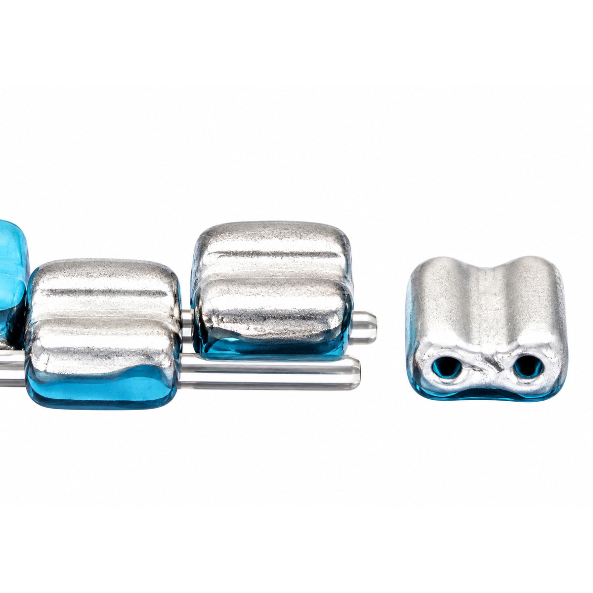 Silky 2-Hole Square Beads, Turquoise Blue Matte Crystal Silver Half Coating (63030-84110-27001), Glass, Czech Republic