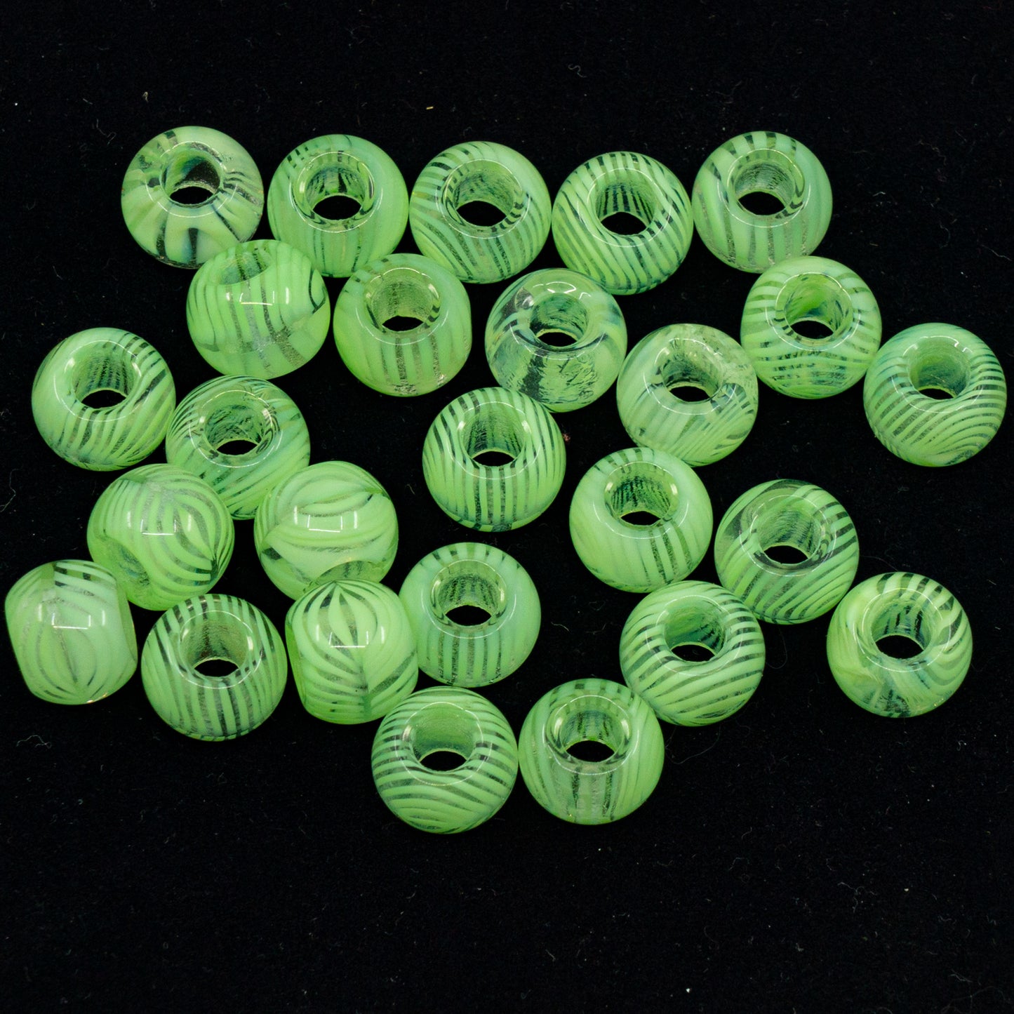 OUTLET 10 grams Big Hole Round Pressed Glass Beads, 12 x 12 mm, Crystal Green Stripes (crystal-green-stripes), Glass, Czech Republic