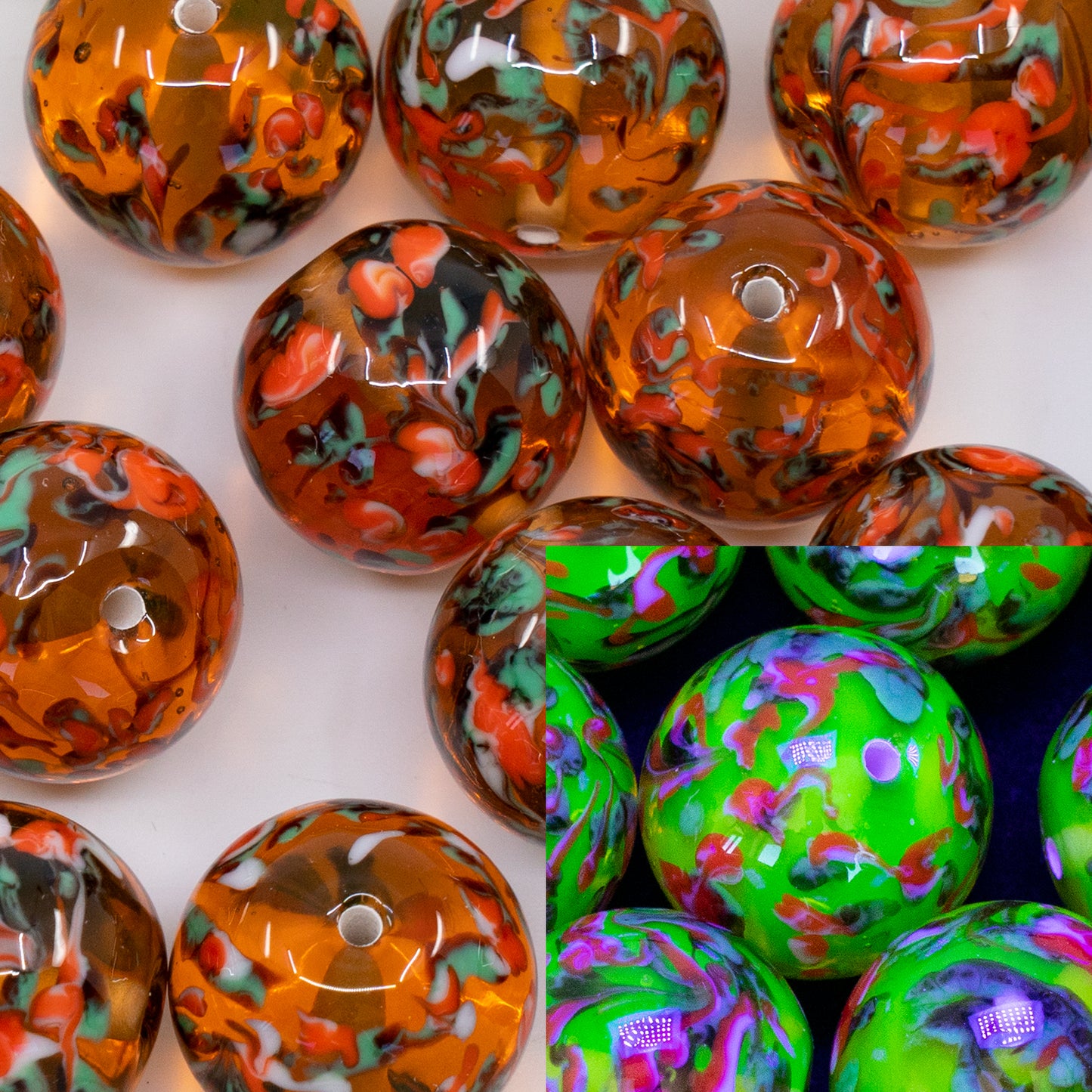 OUTLET 1 pcs Lampwork Round Beads, 16 x 16 mm, Pink Uranium Red Splash (7099-red-splash), Glass, Czech Republic