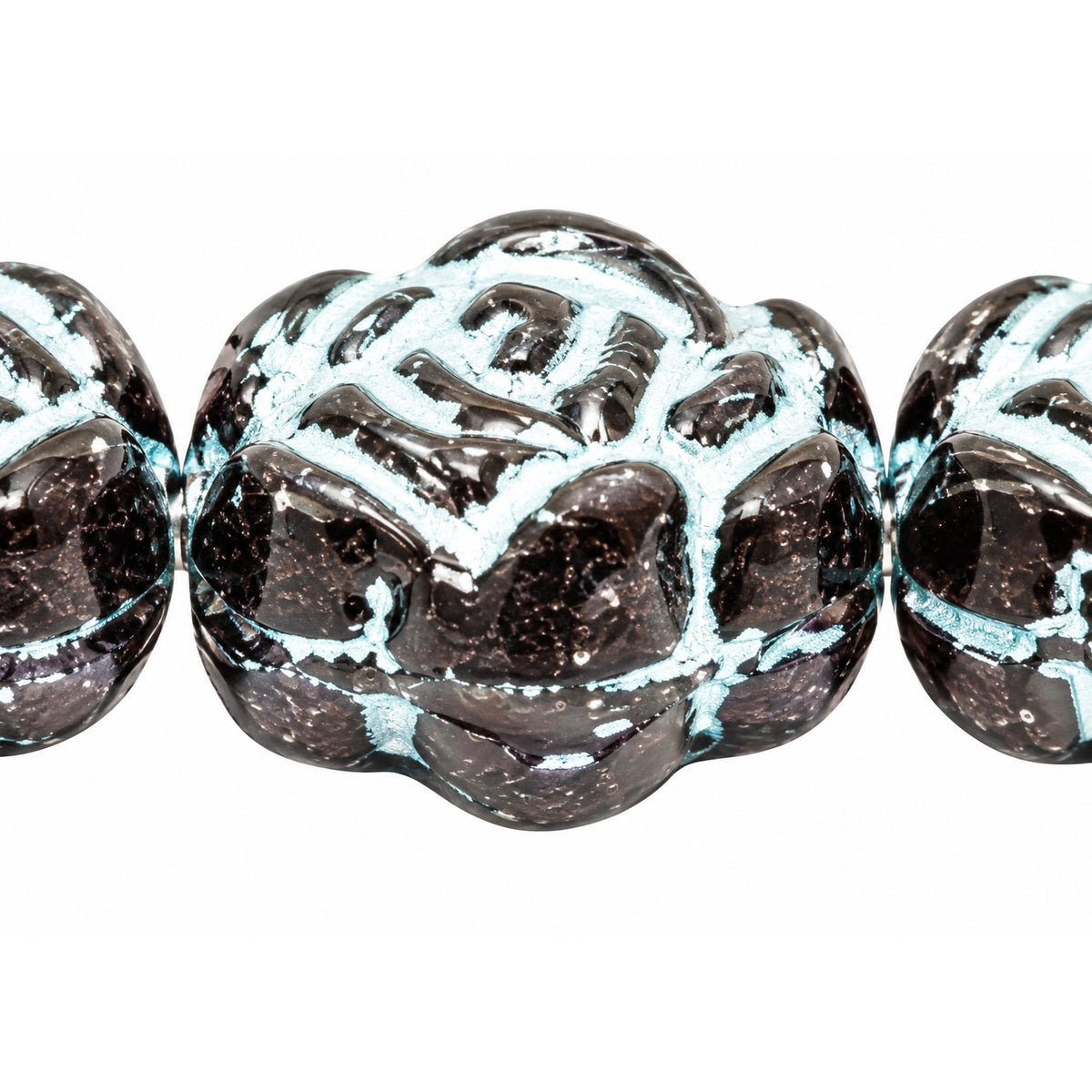 Flat Rose Flower Beads, Black Light Blue Lined (23980-54308), Glass, Czech Republic