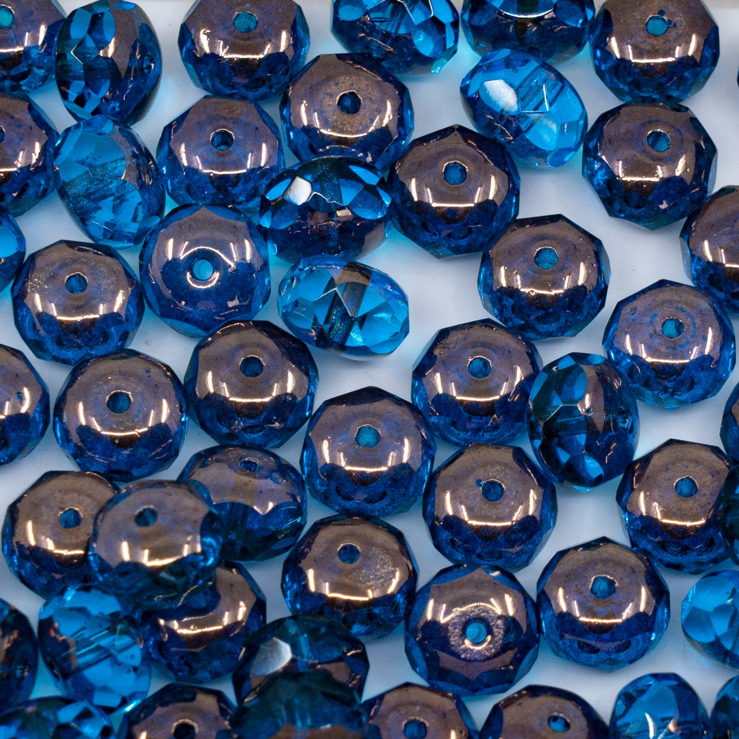 OUTLET 250g/50g Faceted Rondelle Fire Polished Beads, 6 x 9 mm, Transparent Aqua Bronze (60020-14415), Glass, Czech Republic