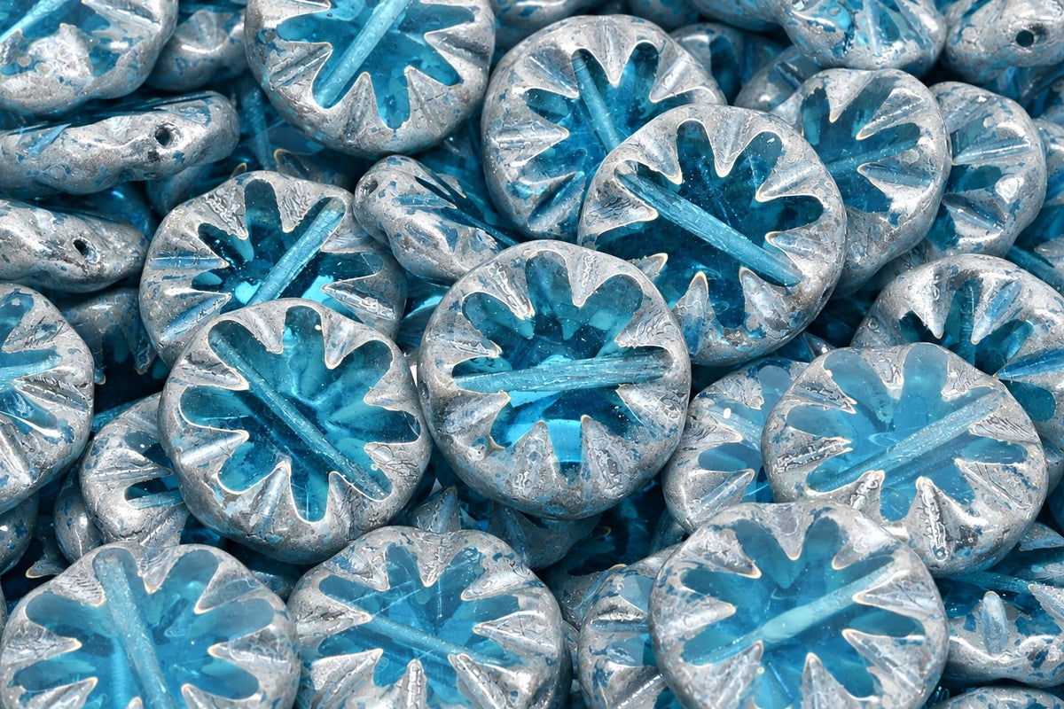 Table Cut Sun Beads, Transparent Aqua Silver Splash (60010-86700), Glass, Czech Republic