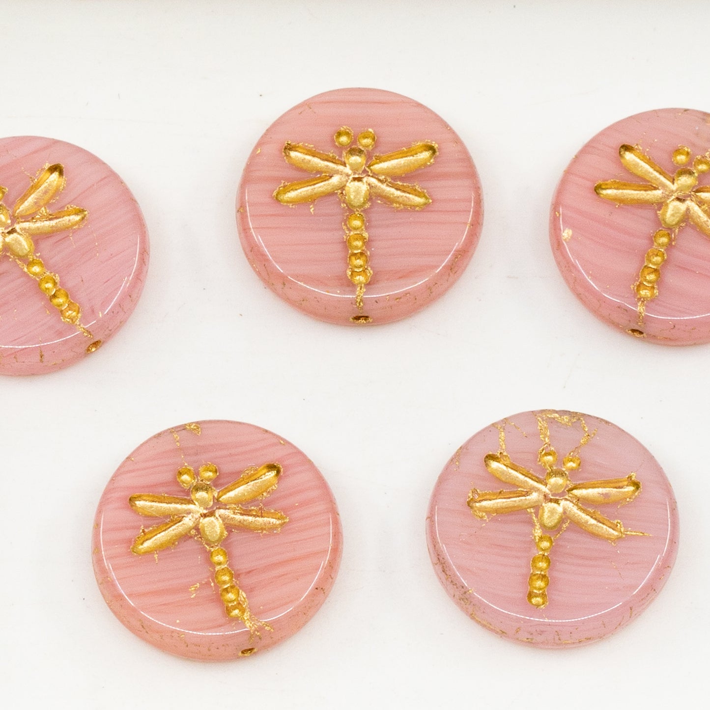 OUTLET 10 grams Round Flat Beads With Dragonfly, 17 x 17 mm, R2711 Gold Lined (R2711-54302), Glass, Czech Republic