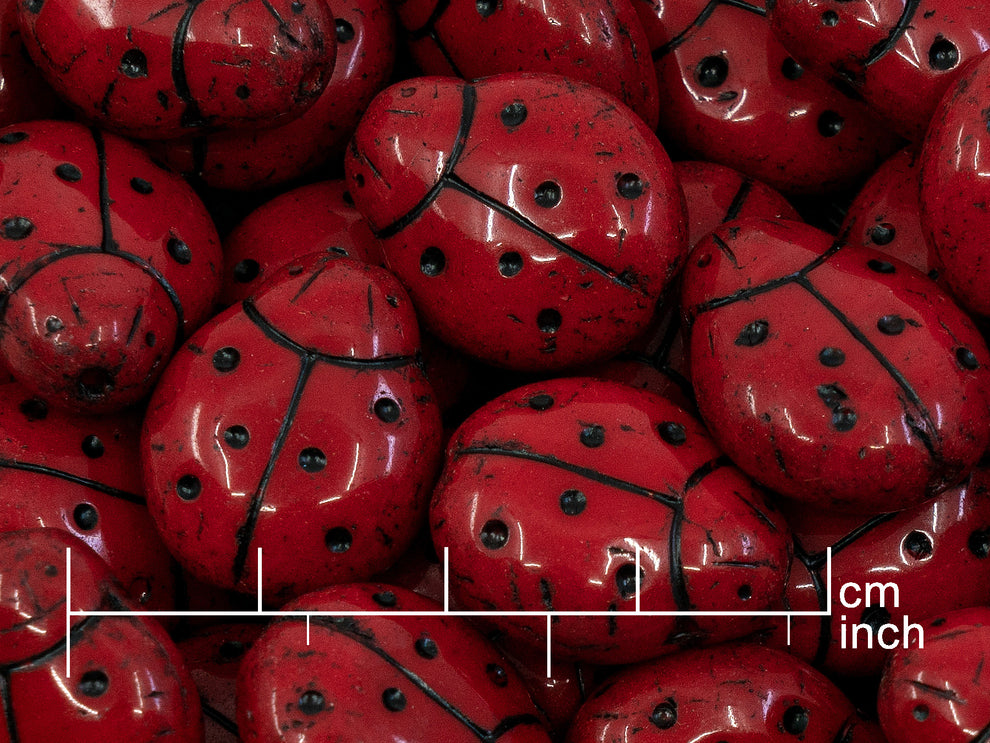 奥特莱斯 250克巨型瓢虫压珠,20 x 16毫米,不透明珊瑚红黑色内衬(93200-46449),玻璃,捷克共和国