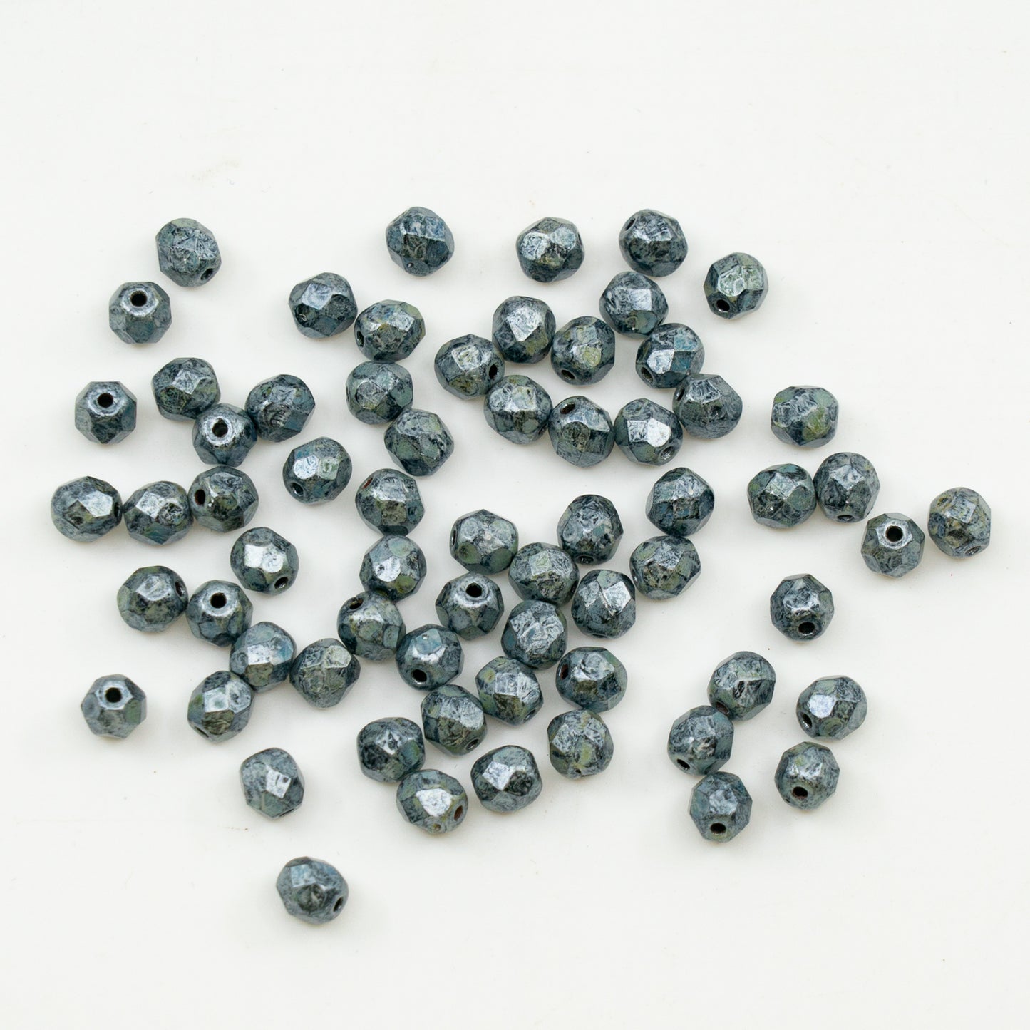OUTLET 10 grams Faceted Round Fire Polished Beads, 5 x 5 mm, Black Cream Luster Spotted (23980-65321), Glass, Czech Republic