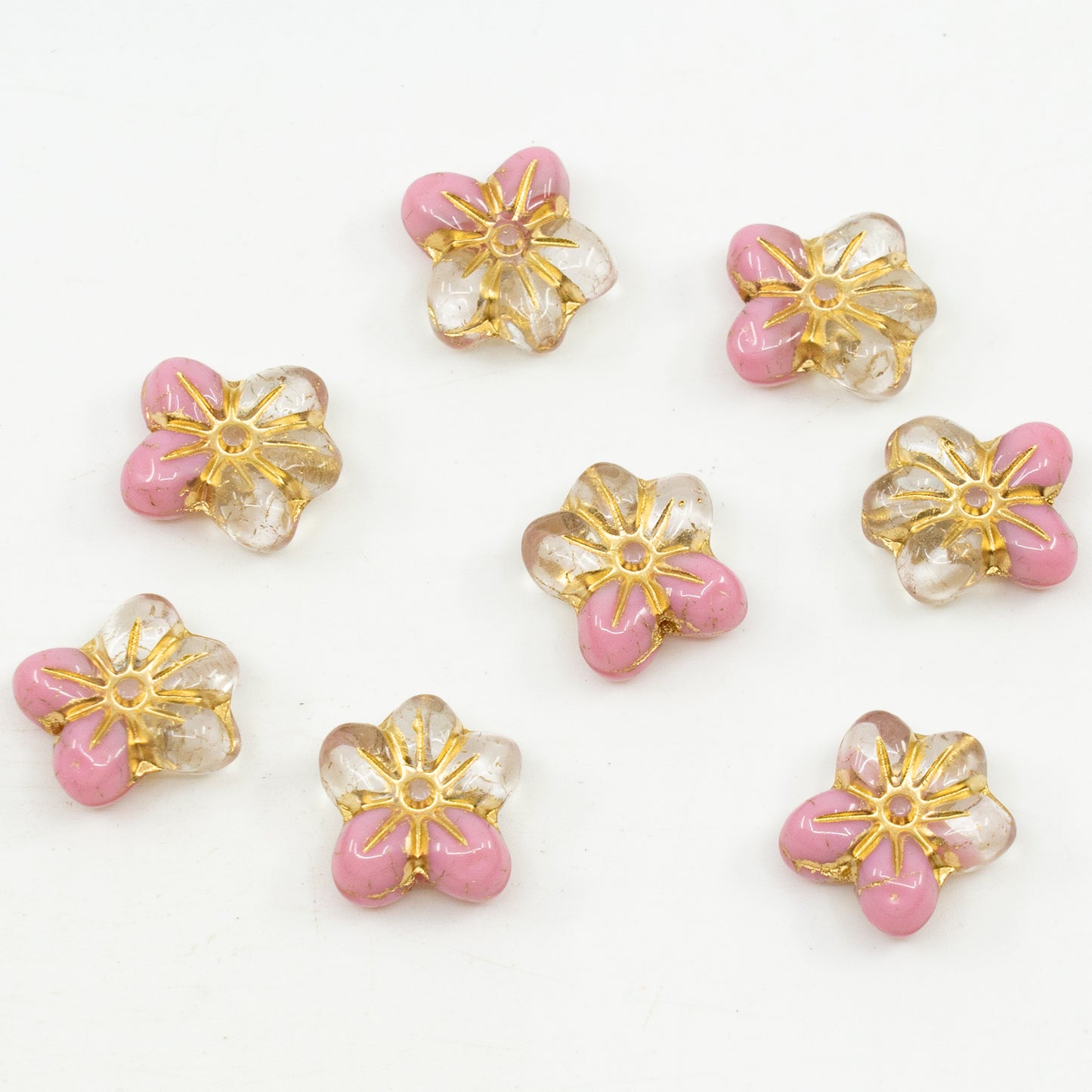 OUTLET 10 grams Flower Pressed Glass Beads, 14 x 12 mm, Opaque Pink Gold Lined (76028-54202), Glass, Czech Republic