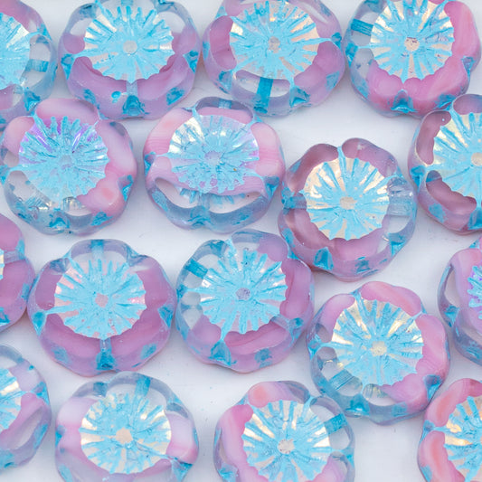 OUTLET 10 grams Table Cut Hawaii Flower Beads, 14 x 14 mm, Pink Ab Full (2X Side) Light Blue Lined (R0742-28703-54308), Glass, Czech Republic
