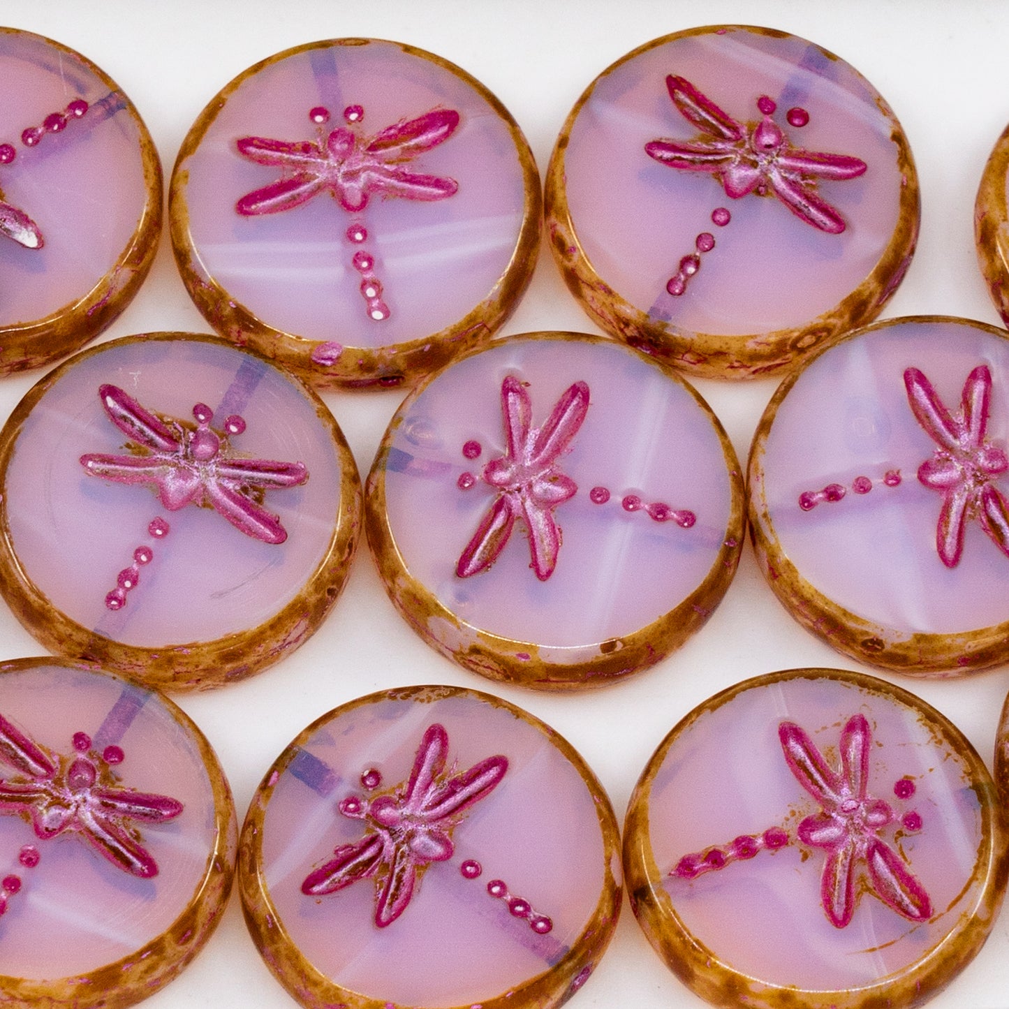 OUTLET 250g/50g Table Cut Dragonfly Beads, 17 x 17 mm, Opal Pink Travertin Pink Lined (71200-86800-54321), Glass, Czech Republic