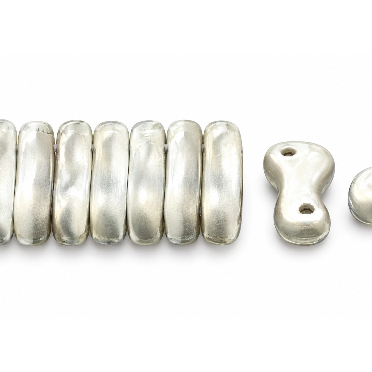 2-Hole Pressed Beads, Chalk White Matte Crystal Silver Half Coating (03000-84110-27001), Glass, Czech Republic