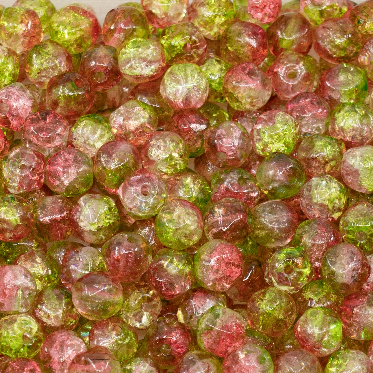 アウトレット 250g イングリッシュカットビーズ ラウンド型 6 x 6 mm クリスタル クラックレッドグリーン (00030-85500-48017) ガラス チェコ共和国