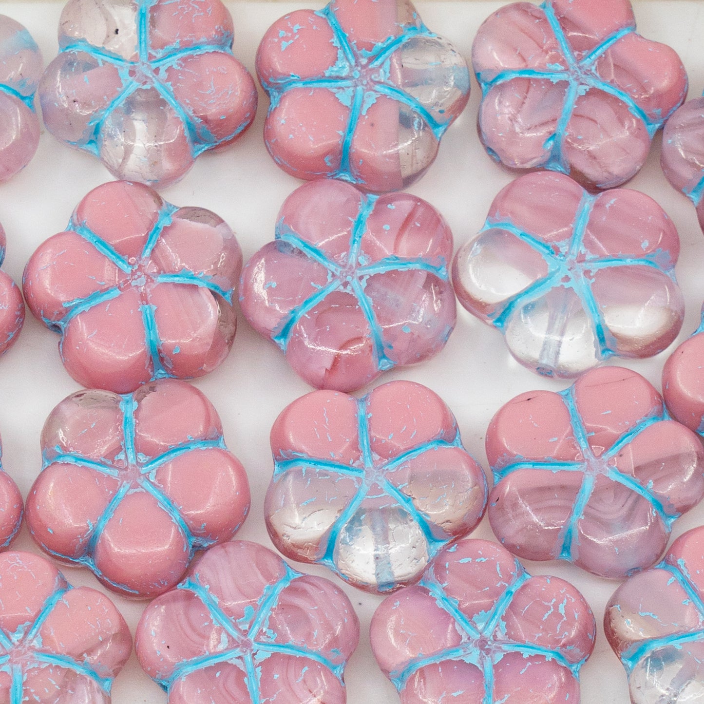 OUTLET 10克 五瓣花压花珠,16 x 16毫米,不透明粉色浅蓝色内衬 (76018-54308),玻璃,捷克共和国