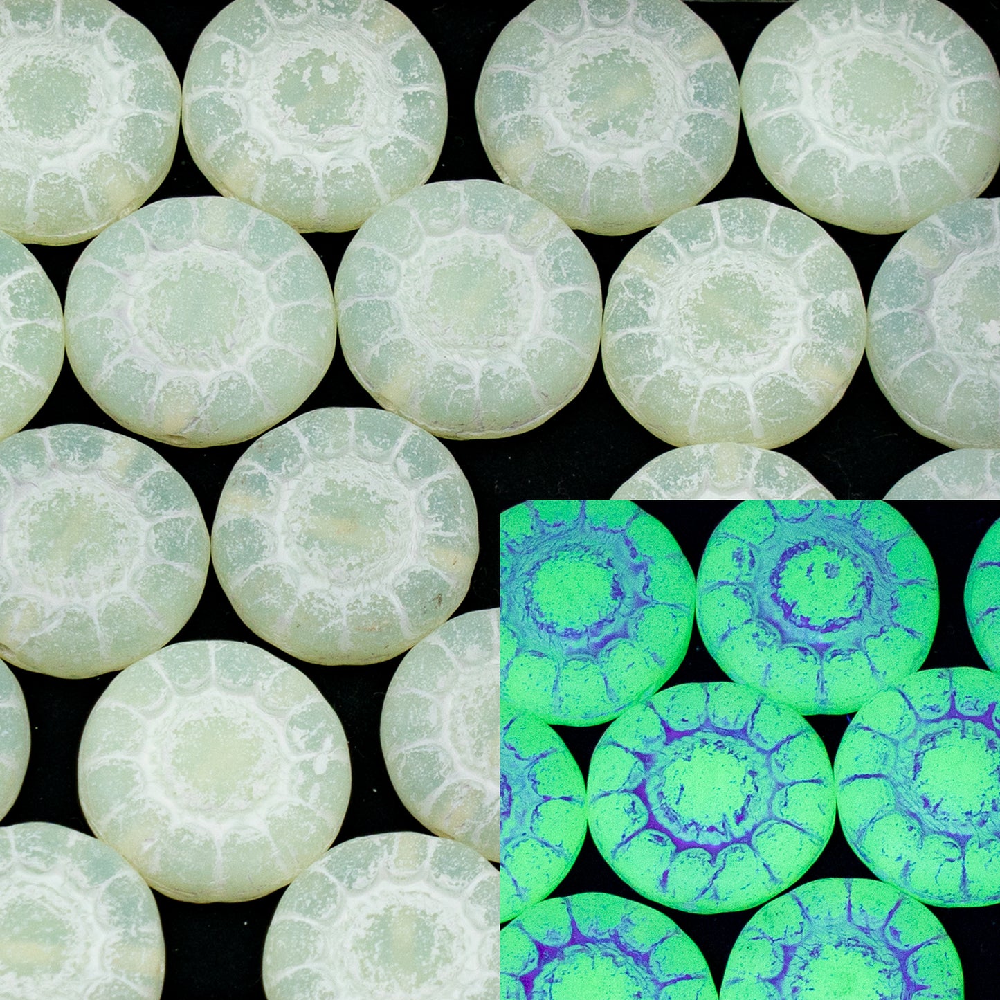 アウトレット 10グラム プレスフラットひまわりビーズ、13 x 13 mm、イエローオパールマットホワイトライン、ガラス、チェコ共和国