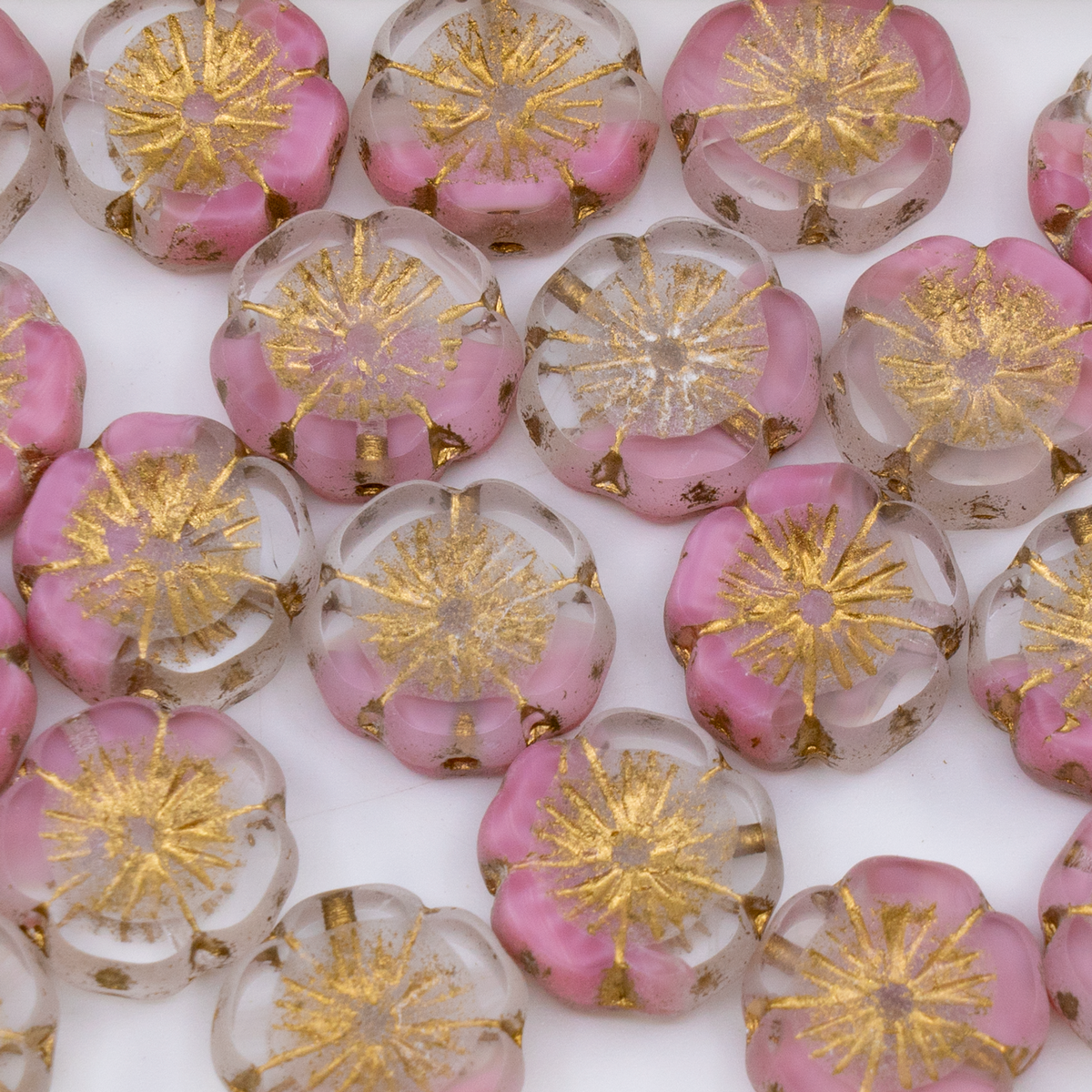 OUTLET 250g/50g Table Cut Hawaii Flower Beads, 14 x 14 mm, Pink Matte Gold Lined (R0742-84100-54302), Glass, Czech Republic