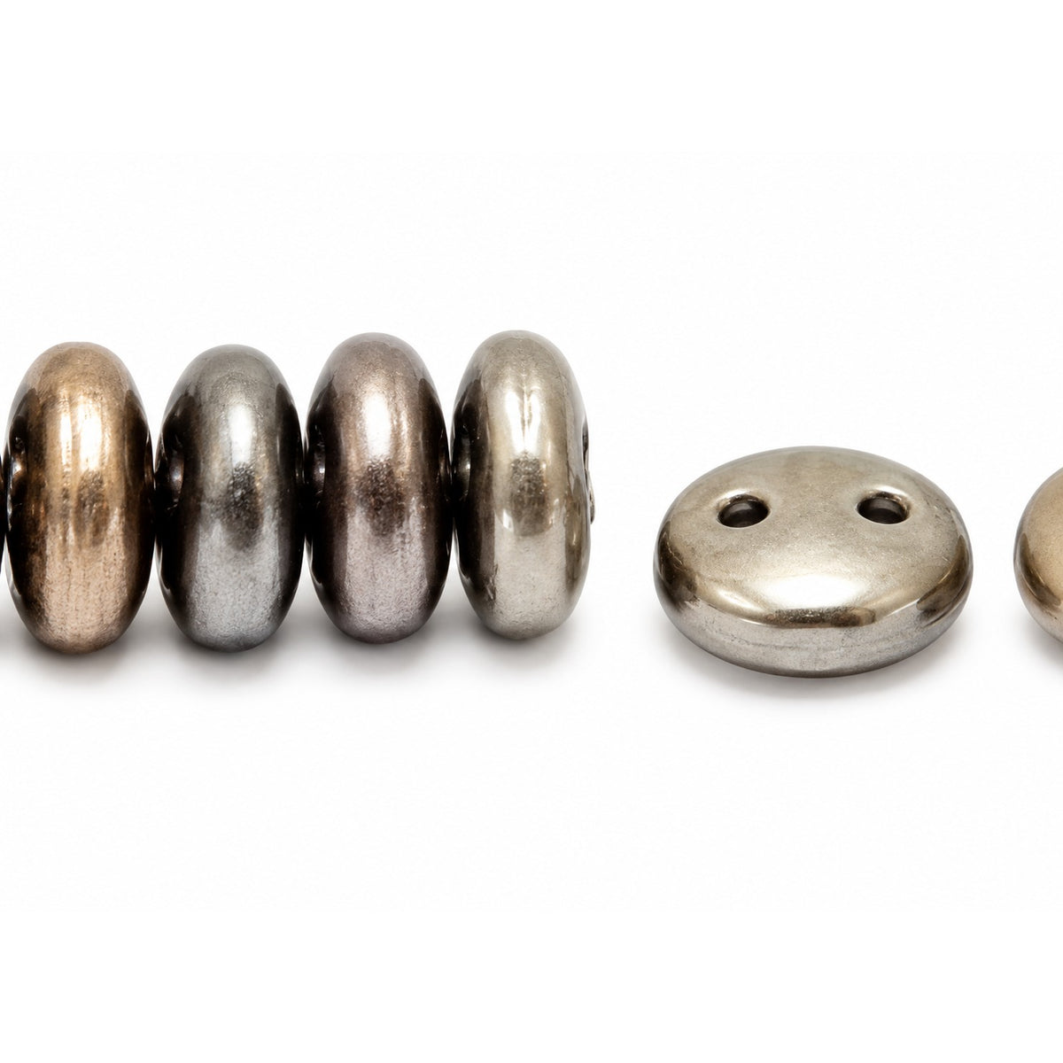 Donuts And Discs 2-Hole Pressed Beads, White Gray Gold Zink Metallic Iris (2010-01670), Glass, Czech Republic