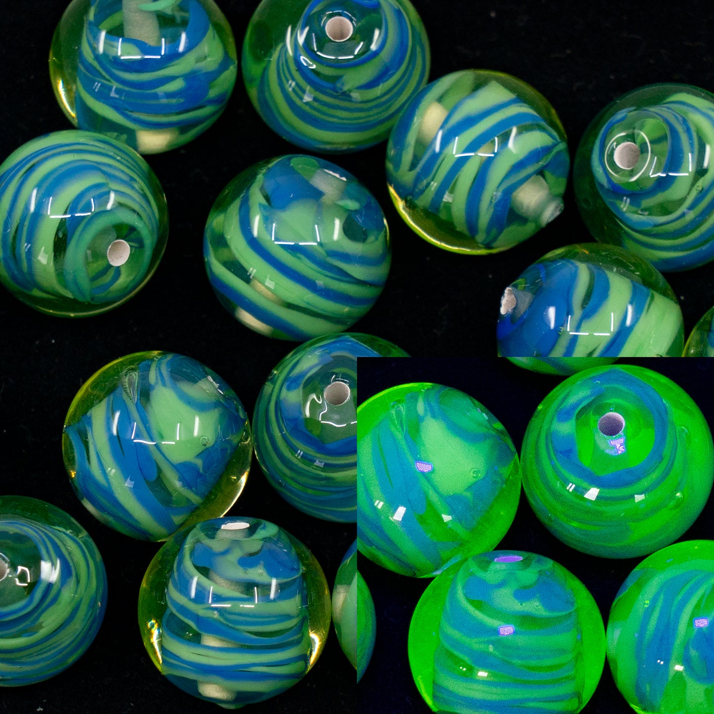 OUTLET 1 pcs Lampwork Round Beads, 12 x 12 mm, Transparent Yellow Blue (80130-blue), Glass, Czech Republic