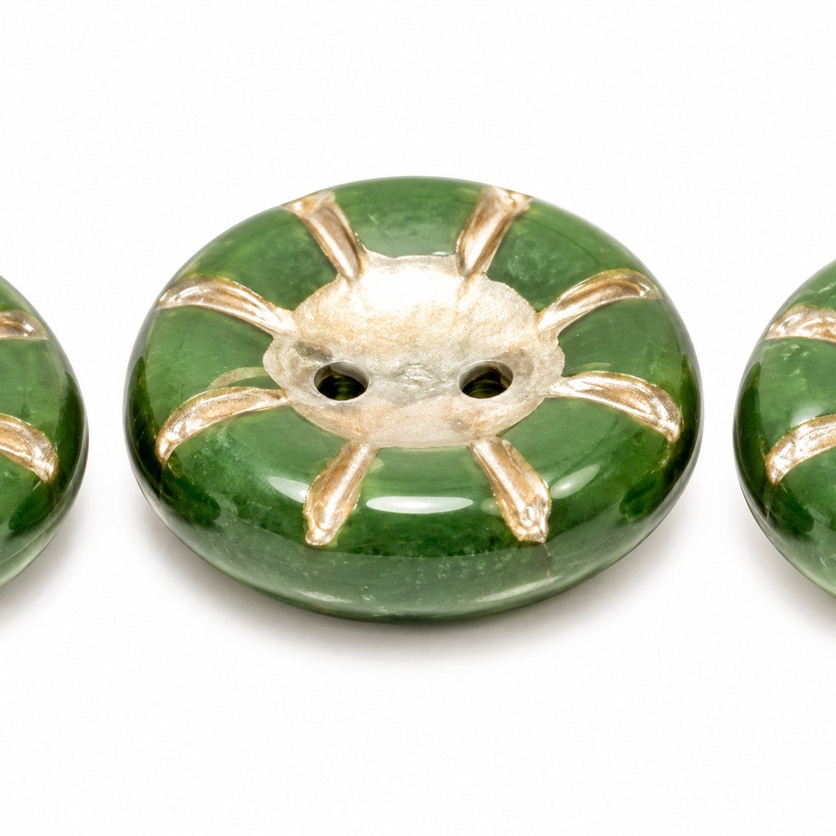 Button Pressed 2-Hole Beads, Opaque Green Copper Lined (53240-54324), Glass, Czech Republic
